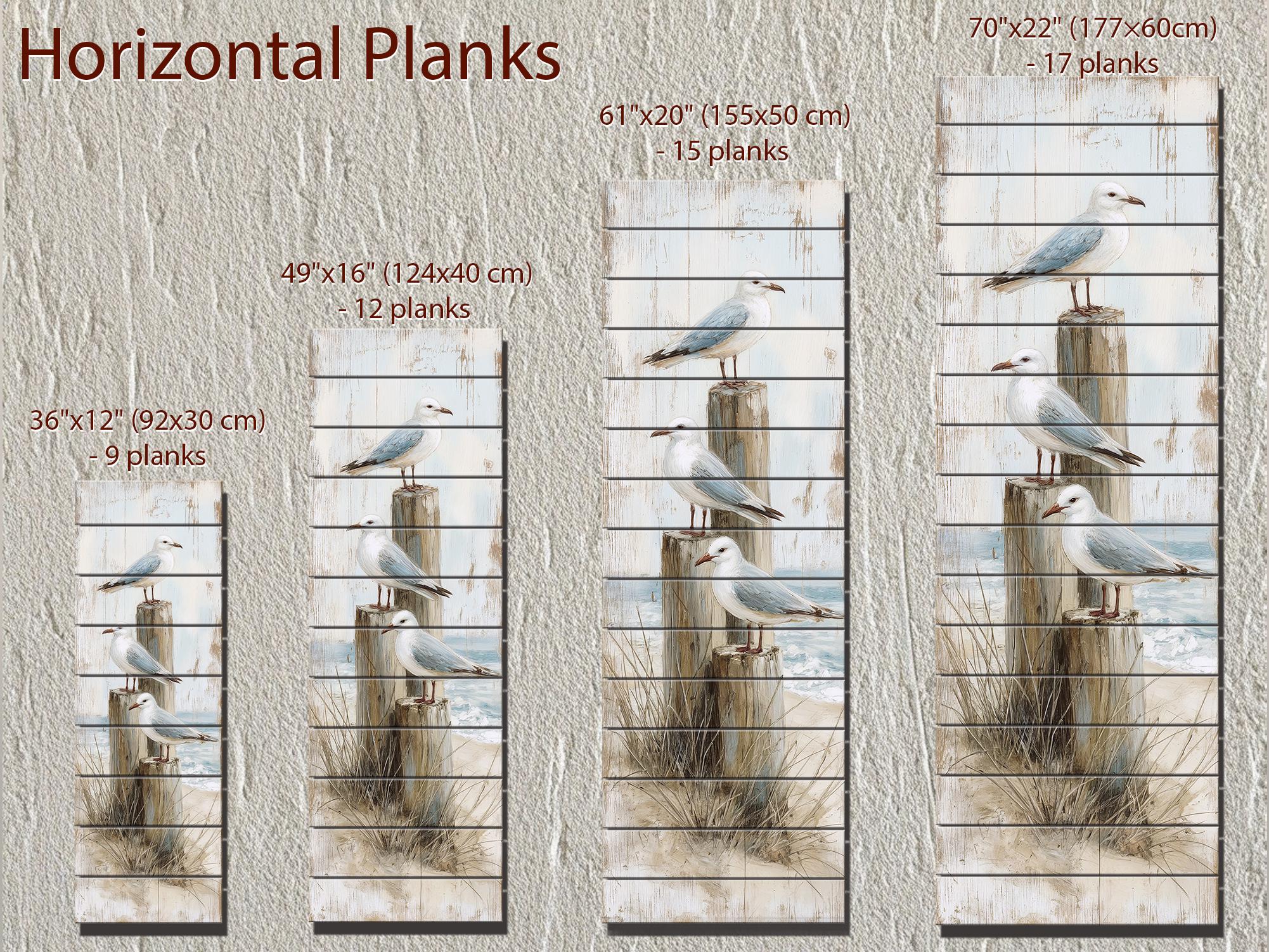 Coastal Wood Wall Art - Tall Narrow Seagulls Perched on Wooden Posts on Distressed Wood with Blue White Beach Print