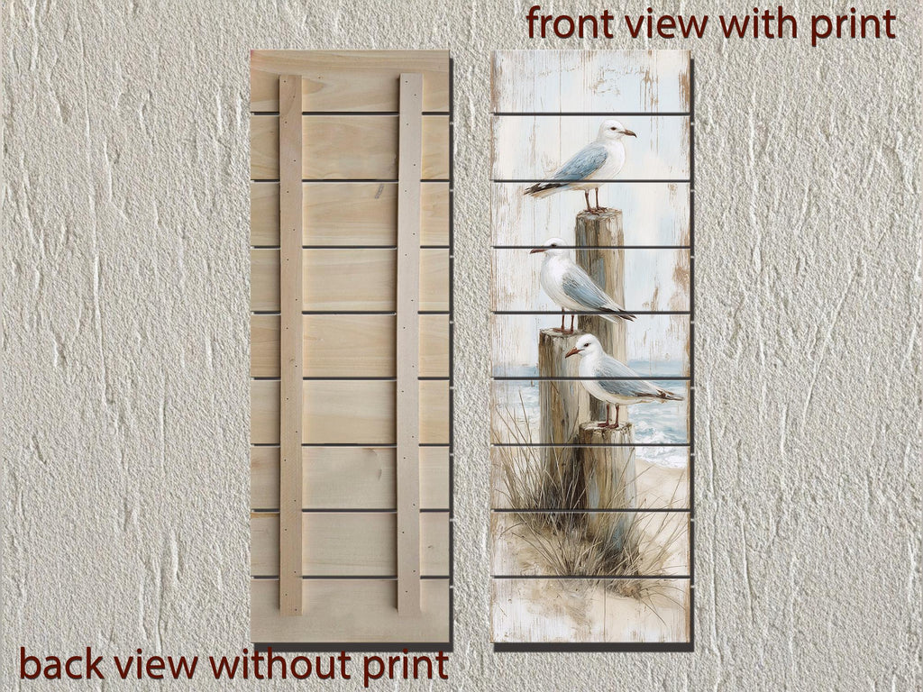 Coastal Wood Wall Art - Tall Narrow Seagulls Perched on Wooden Posts on Distressed Wood with Blue White Beach Print