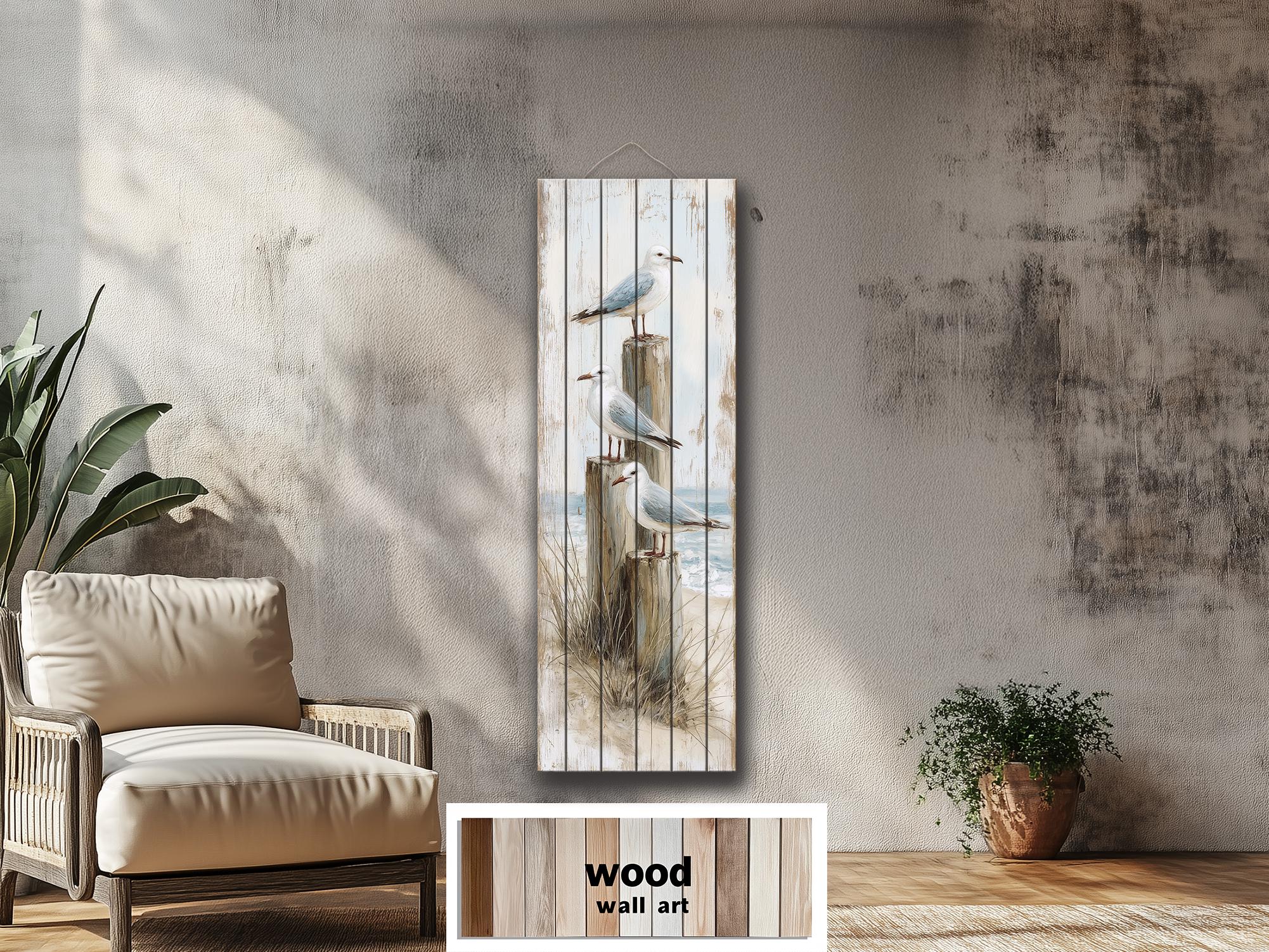 Coastal Wood Wall Art - Tall Narrow Seagulls Perched on Wooden Posts on Distressed Wood with Blue White Beach Print