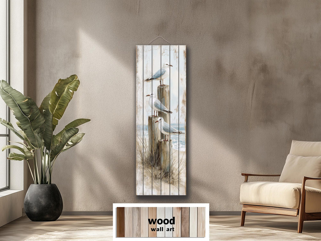 Coastal Wood Wall Art - Tall Narrow Seagulls Perched on Wooden Posts on Distressed Wood with Blue White Beach Print