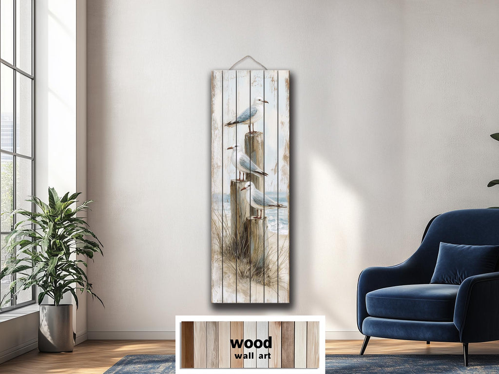 Coastal Wood Wall Art - Tall Narrow Seagulls Perched on Wooden Posts on Distressed Wood with Blue White Beach Print