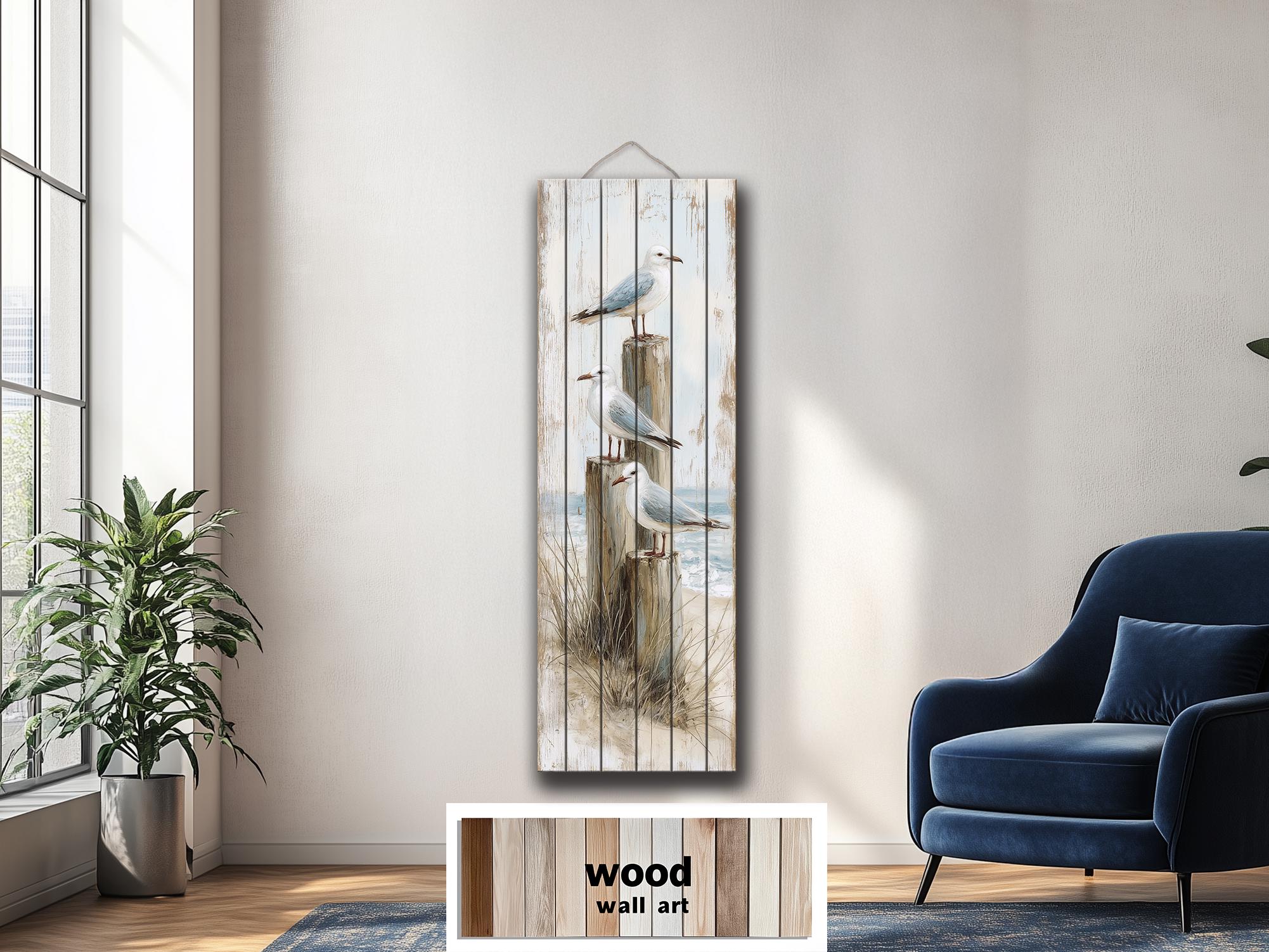 Coastal Wood Wall Art - Tall Narrow Seagulls Perched on Wooden Posts on Distressed Wood with Blue White Beach Print