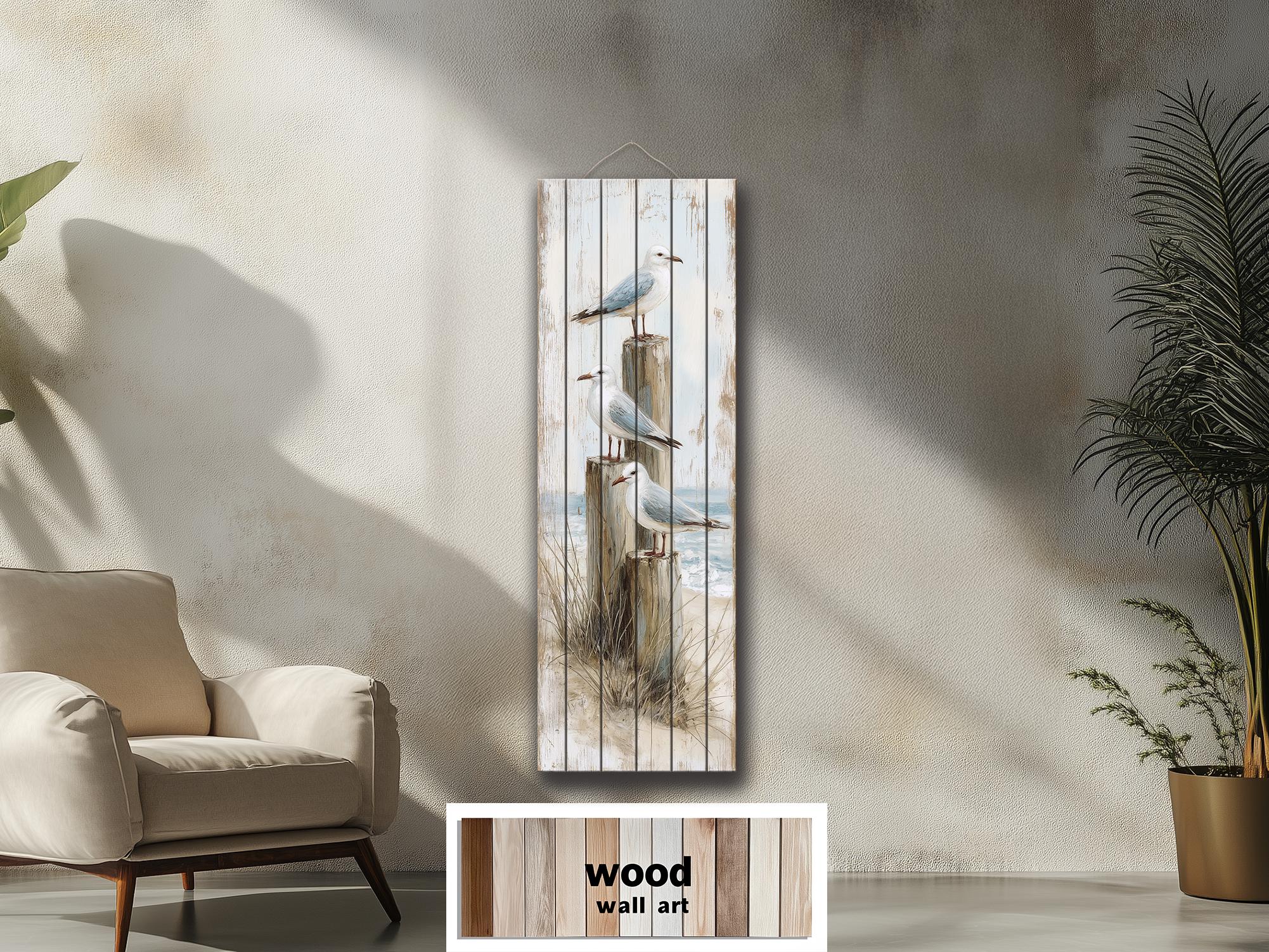 Coastal Wood Wall Art - Tall Narrow Seagulls Perched on Wooden Posts on Distressed Wood with Blue White Beach Print