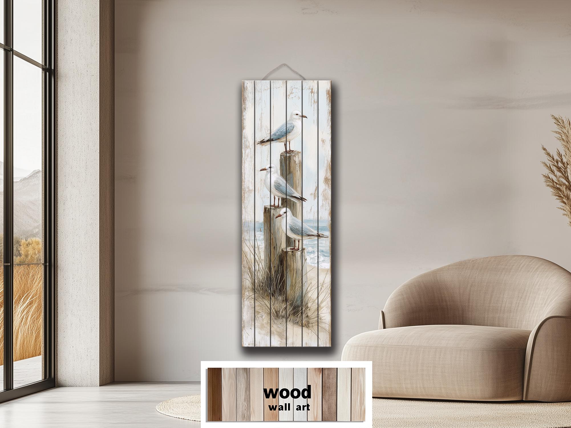 Coastal Wood Wall Art - Tall Narrow Seagulls Perched on Wooden Posts on Distressed Wood with Blue White Beach Print