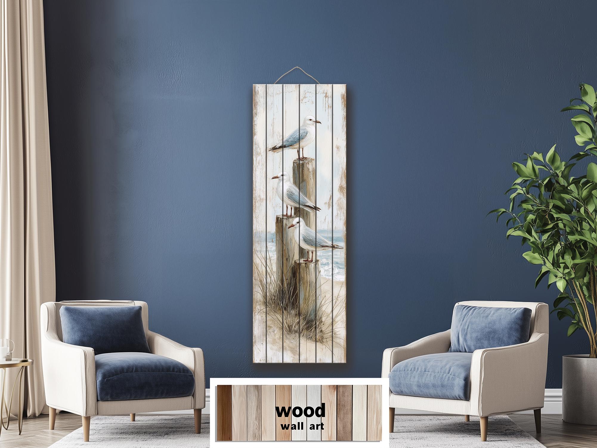 Coastal Wood Wall Art - Tall Narrow Seagulls Perched on Wooden Posts on Distressed Wood with Blue White Beach Print