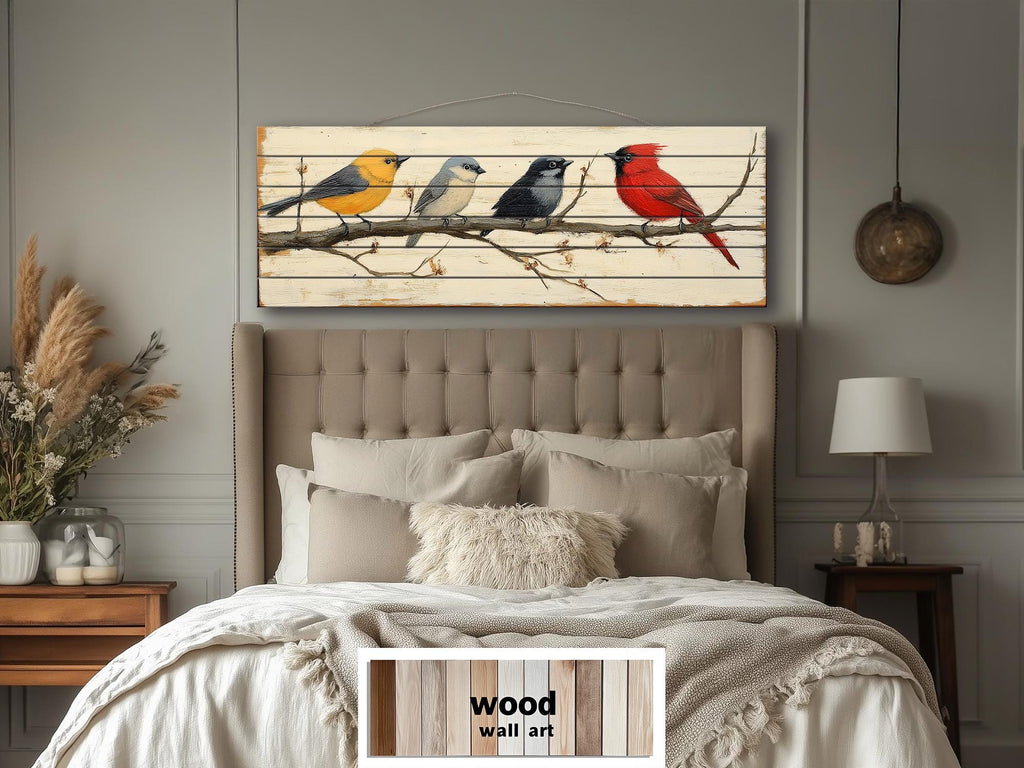 Colorful Birds On Branch Real Wood Long Horizontal Wall Art