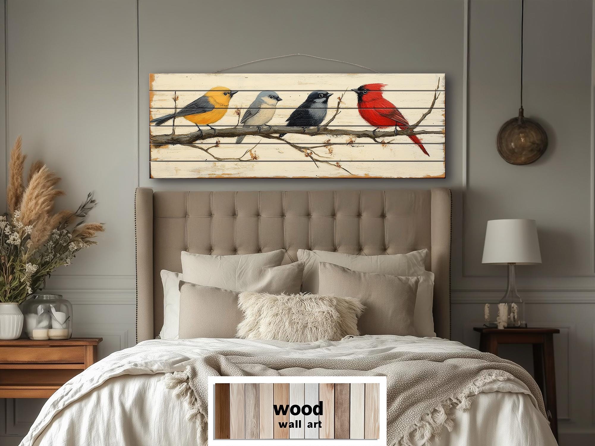 Colorful Birds On Branch Real Wood Long Horizontal Wall Art