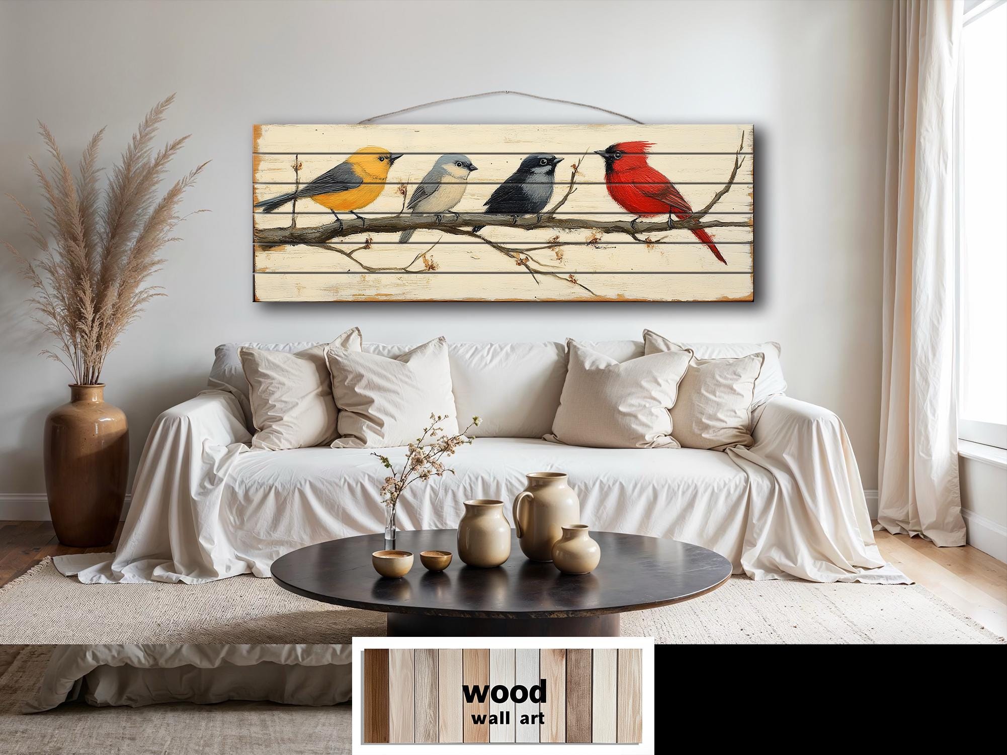 Colorful Birds On Branch Real Wood Long Horizontal Wall Art