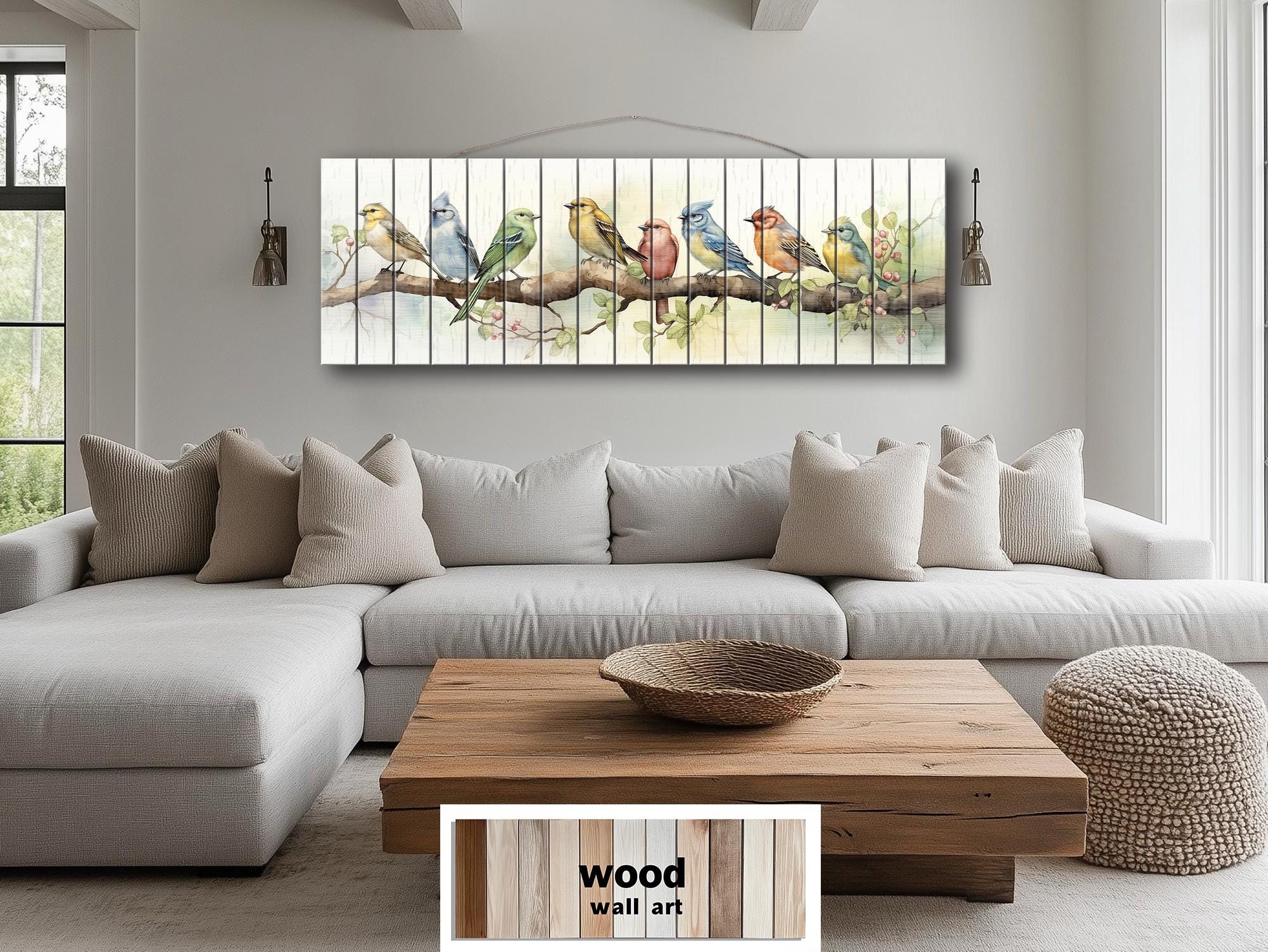 Colorful Birds on Branch Long Horizontal Real Wood Wall Art