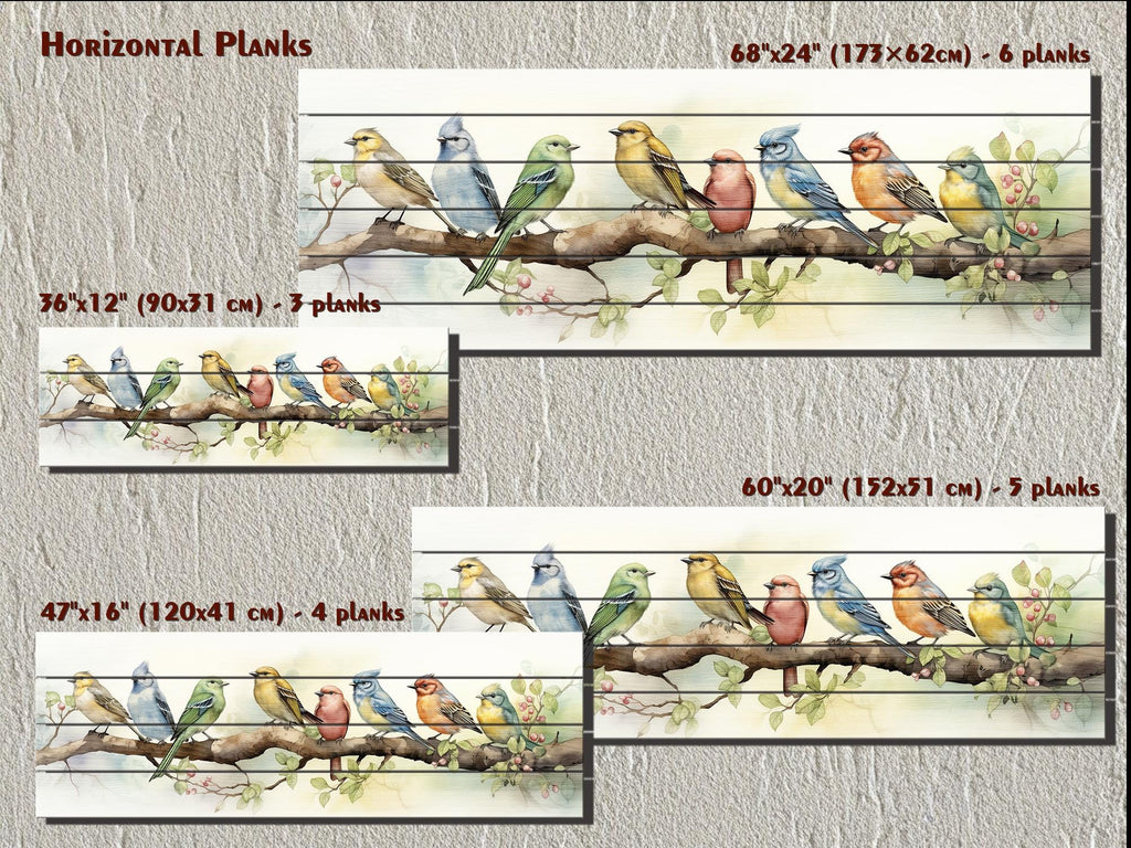 Colorful Birds on Branch Long Horizontal Real Wood Wall Art