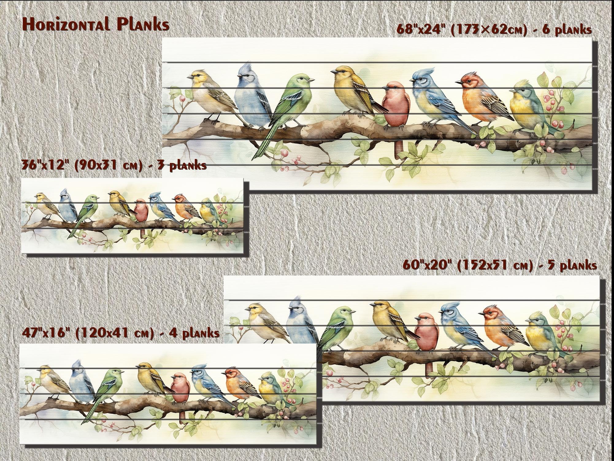 Colorful Birds on Branch Long Horizontal Real Wood Wall Art