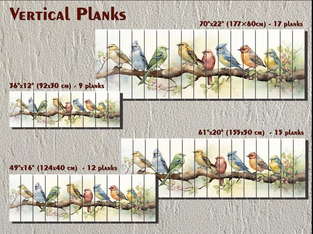 Colorful Birds on Branch Long Horizontal Real Wood Wall Art