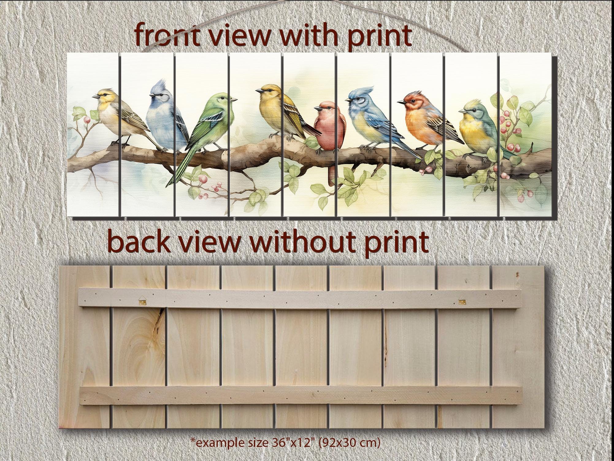 Colorful Birds on Branch Long Horizontal Real Wood Wall Art