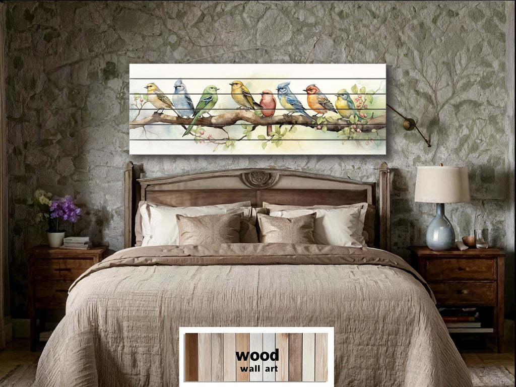 Colorful Birds on Branch Long Horizontal Real Wood Wall Art