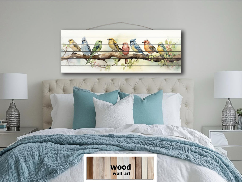 Colorful Birds on Branch Long Horizontal Real Wood Wall Art