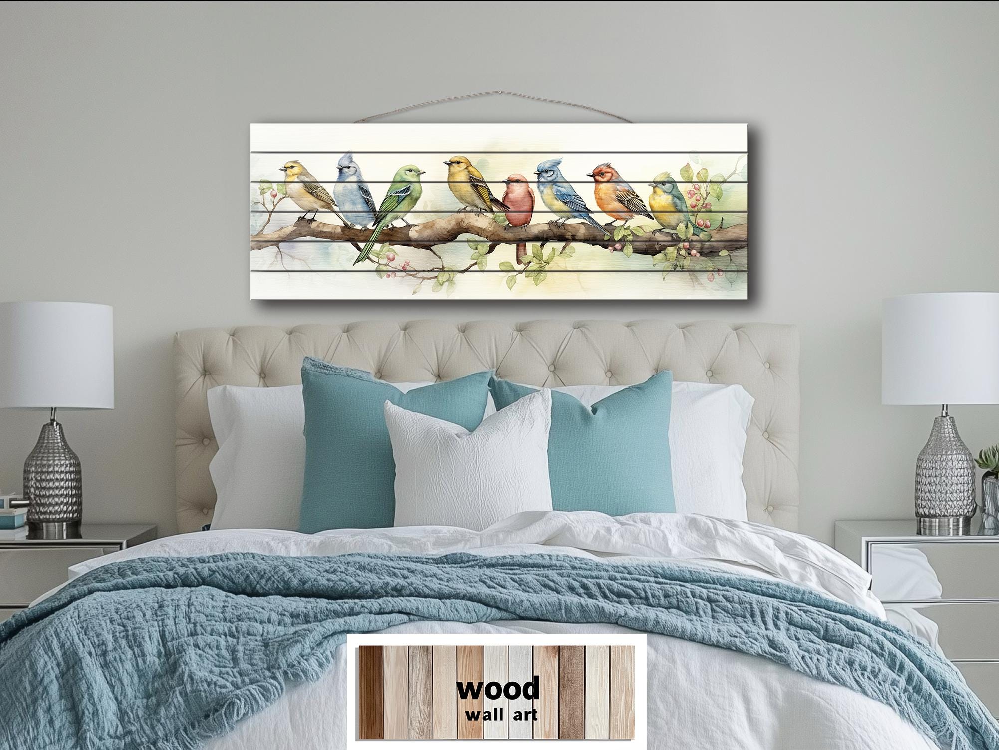 Colorful Birds on Branch Long Horizontal Real Wood Wall Art