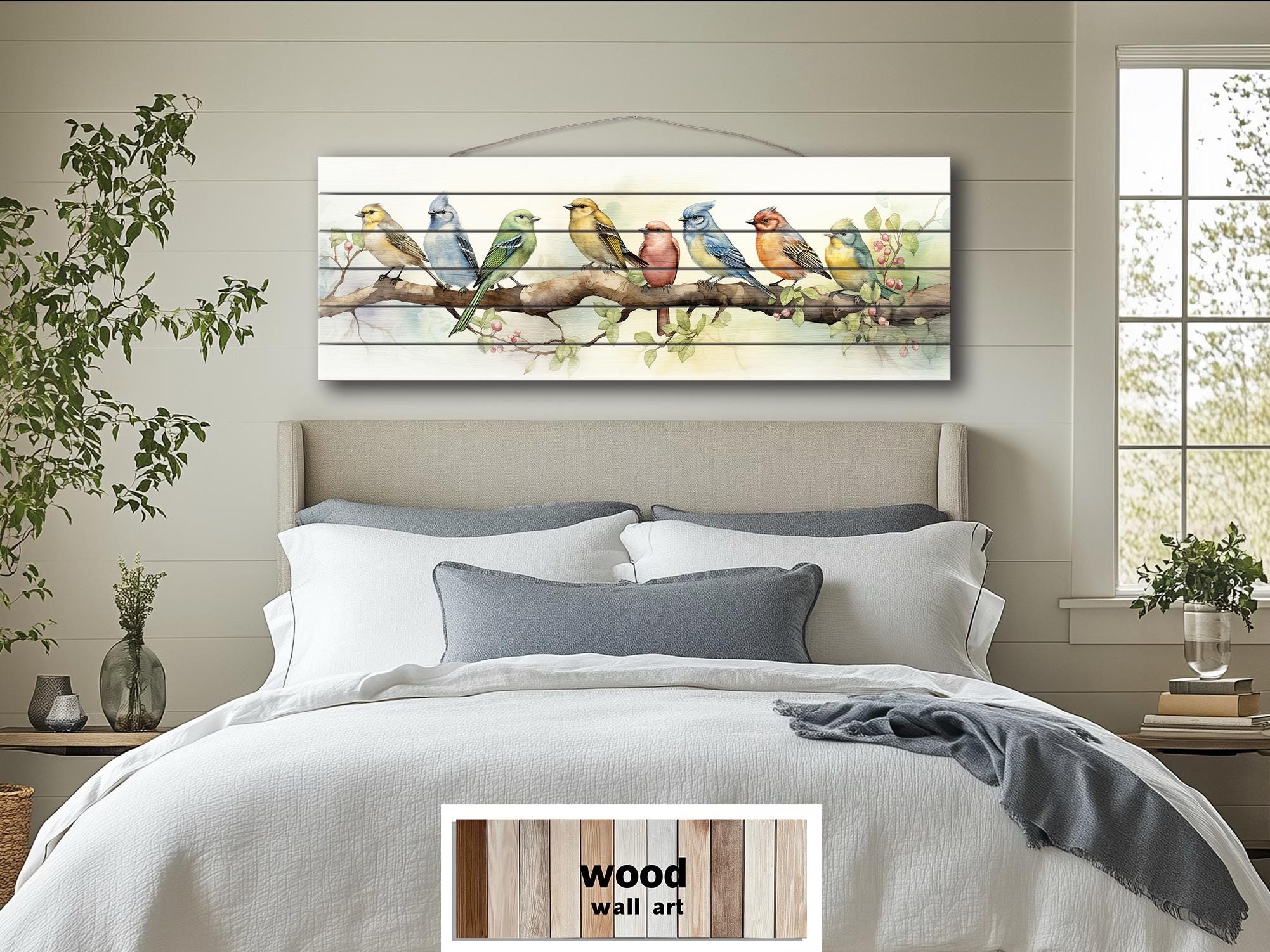 Colorful Birds on Branch Long Horizontal Real Wood Wall Art