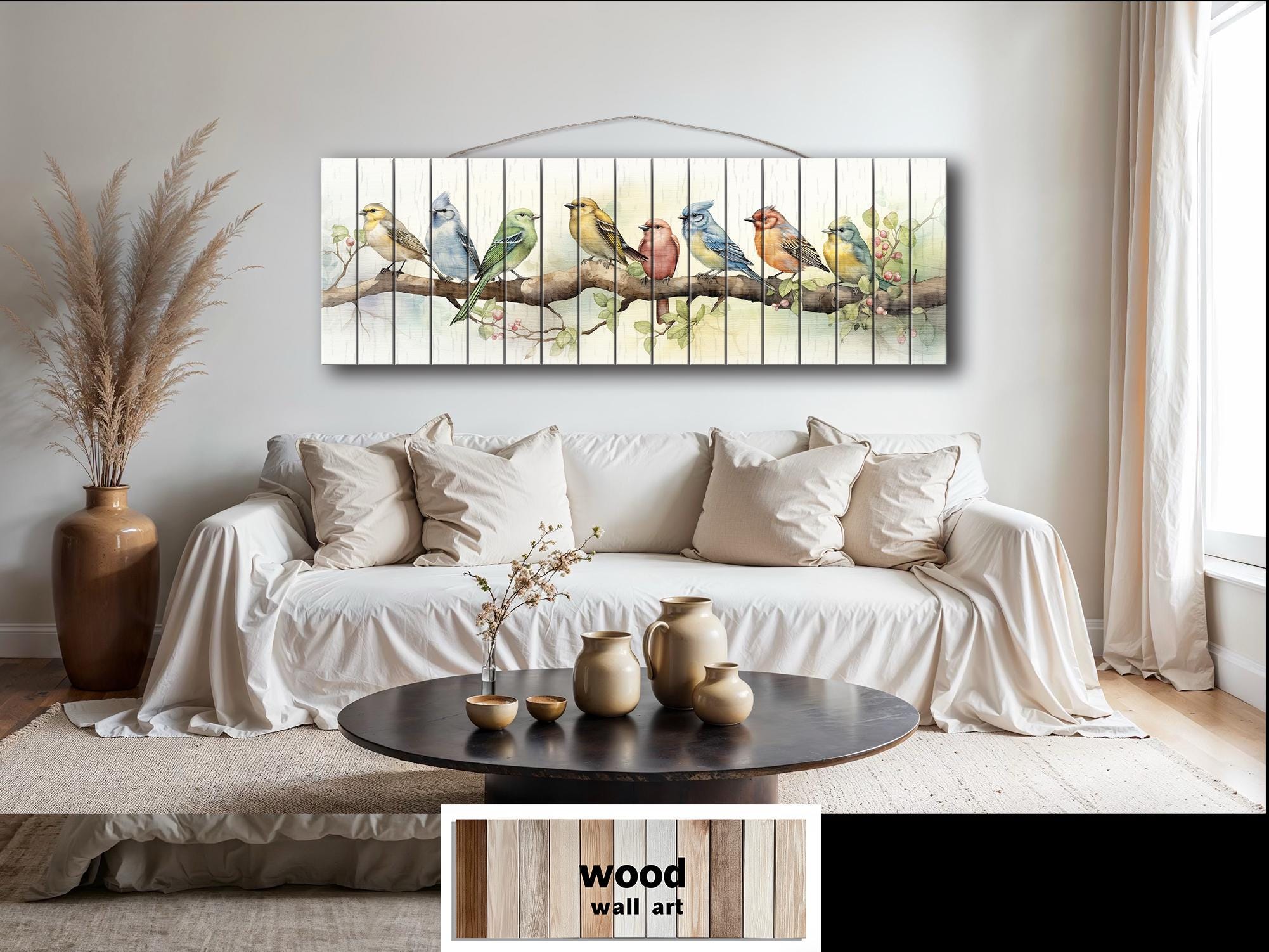 Colorful Birds on Branch Long Horizontal Real Wood Wall Art