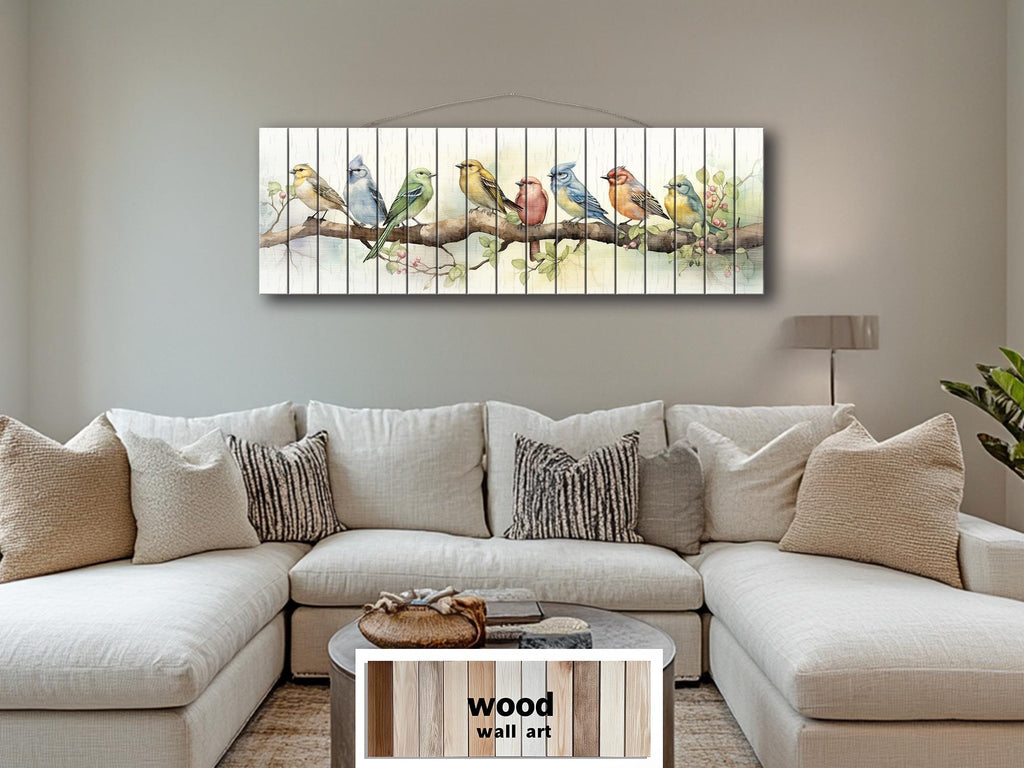 Colorful Birds on Branch Long Horizontal Real Wood Wall Art