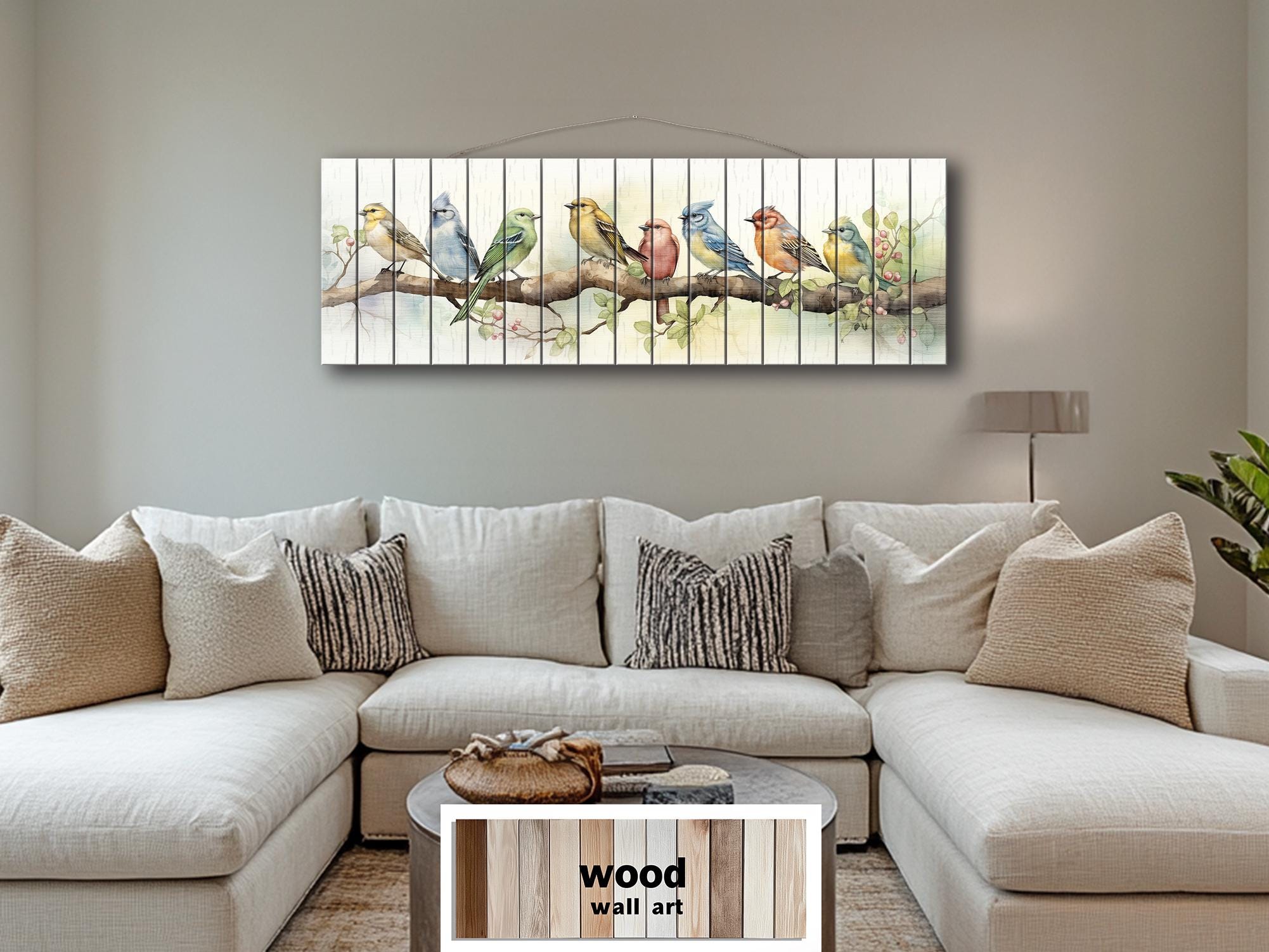 Colorful Birds on Branch Long Horizontal Real Wood Wall Art