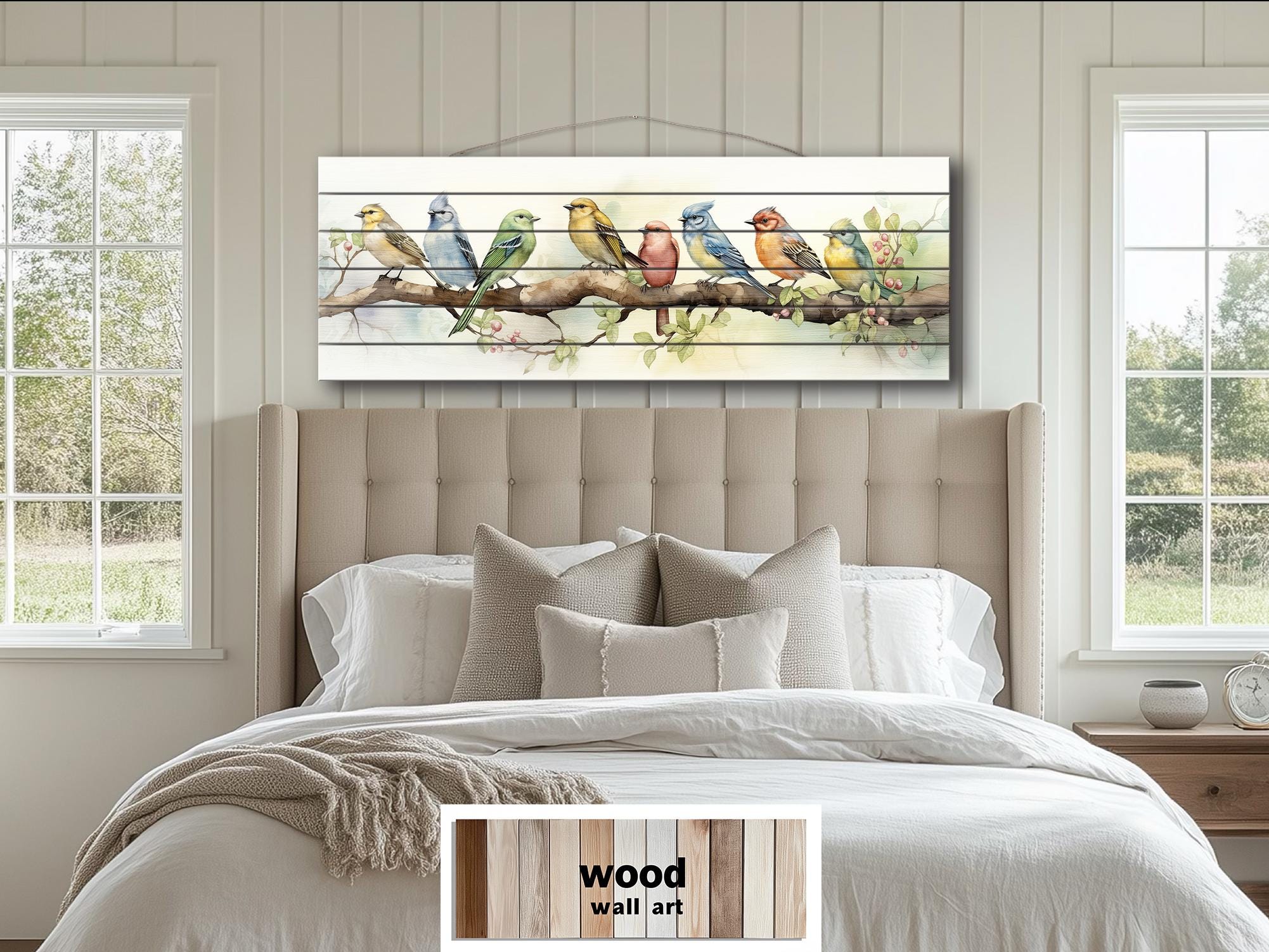 Colorful Birds on Branch Long Horizontal Real Wood Wall Art