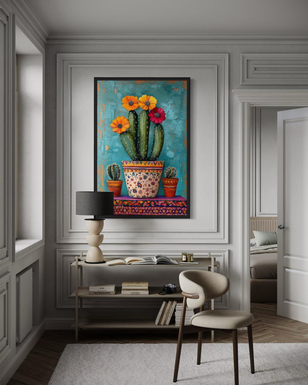 Colorful Mexican Blooming Cactus Framed Canvas Wall Art