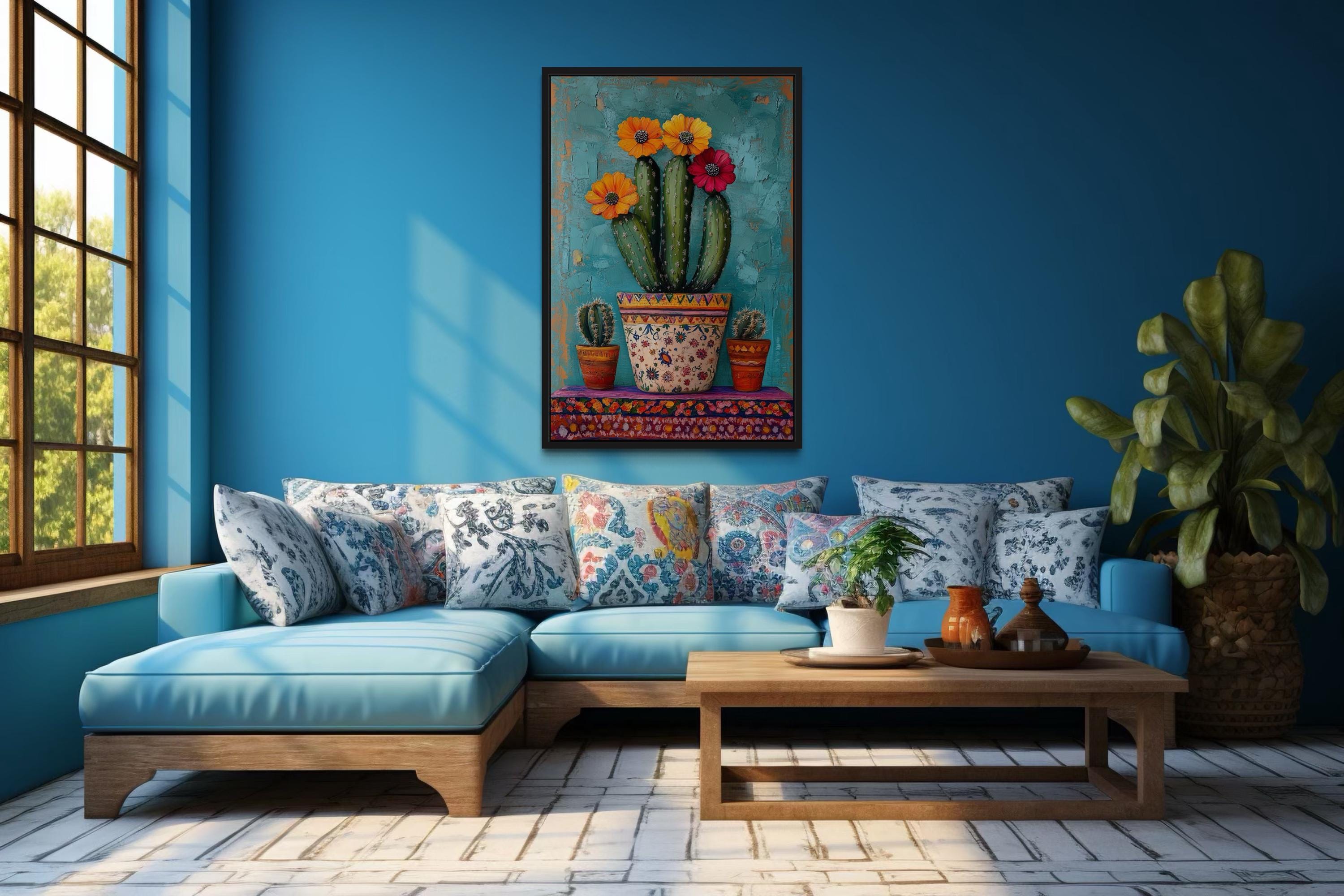 Colorful Mexican Blooming Cactus Framed Canvas Wall Art