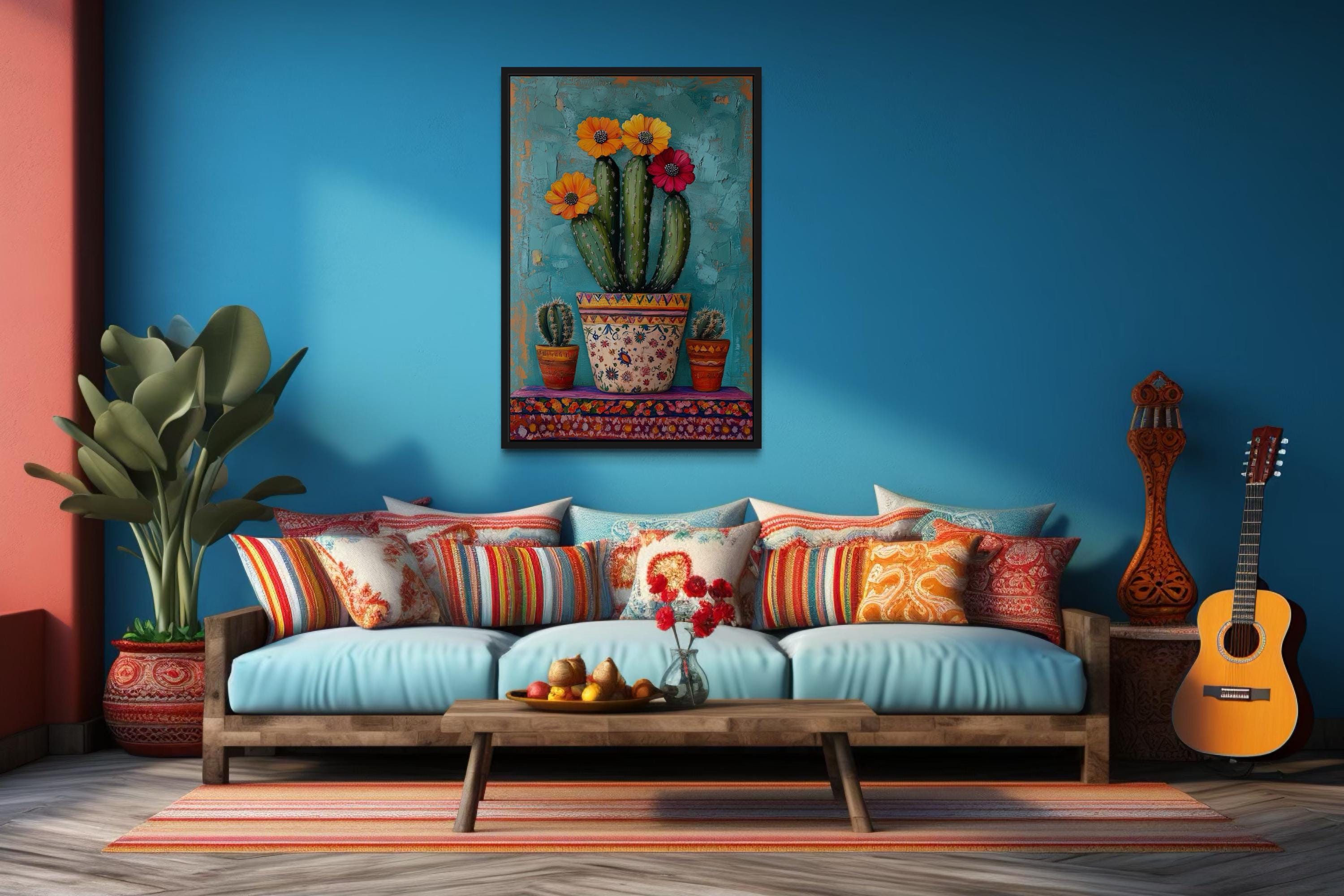 Colorful Mexican Blooming Cactus Framed Canvas Wall Art