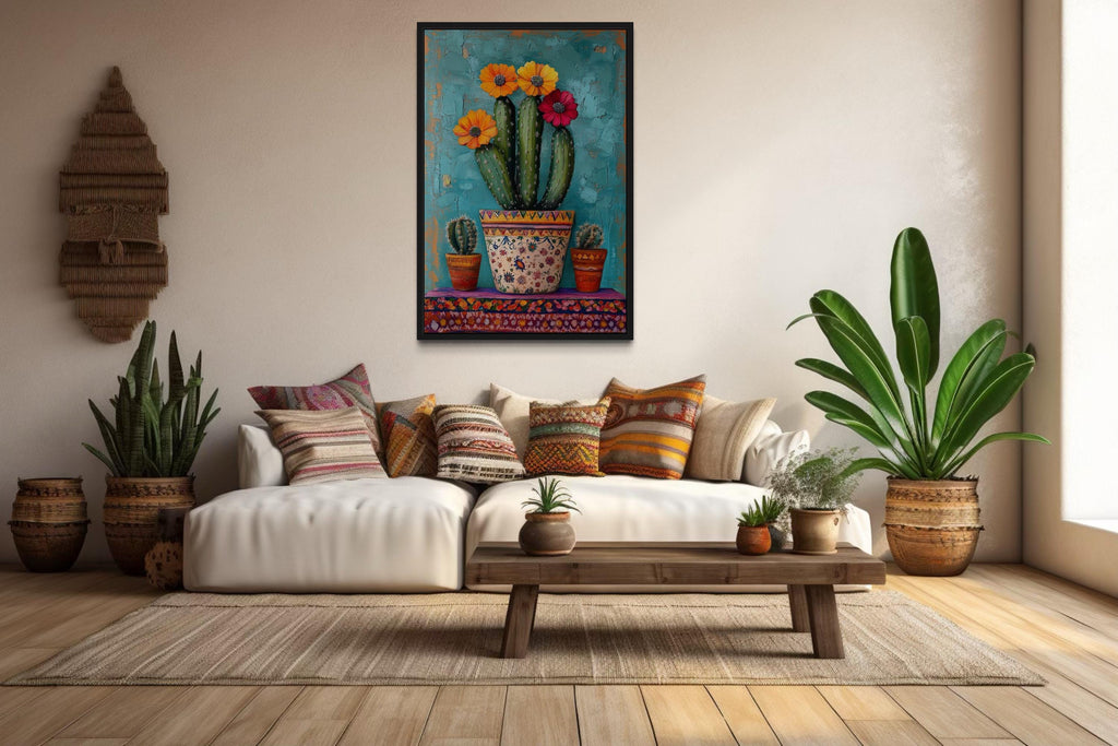 Colorful Mexican Blooming Cactus Framed Canvas Wall Art