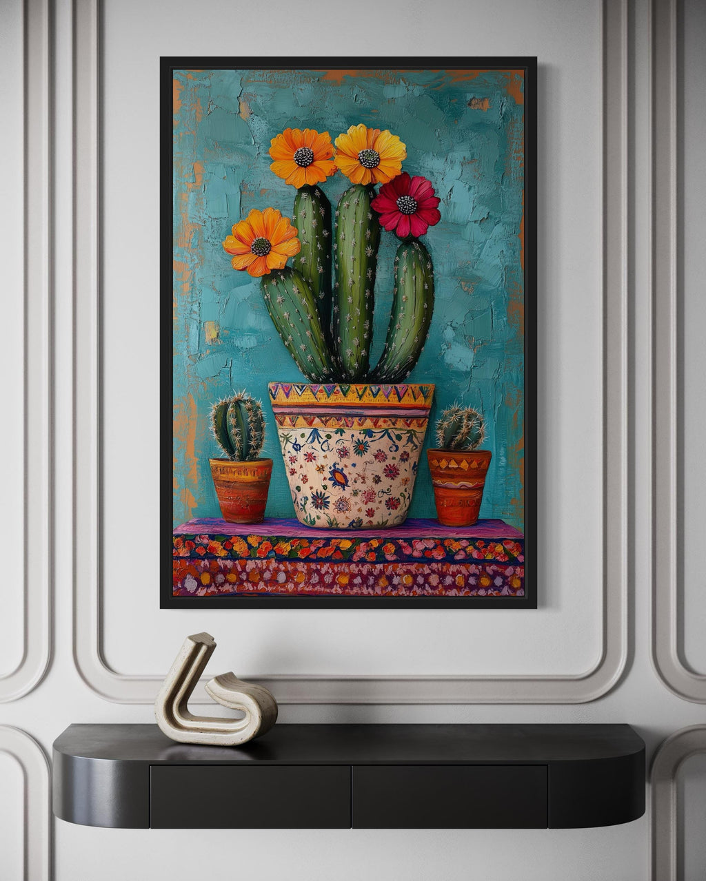 Colorful Mexican Blooming Cactus Framed Canvas Wall Art