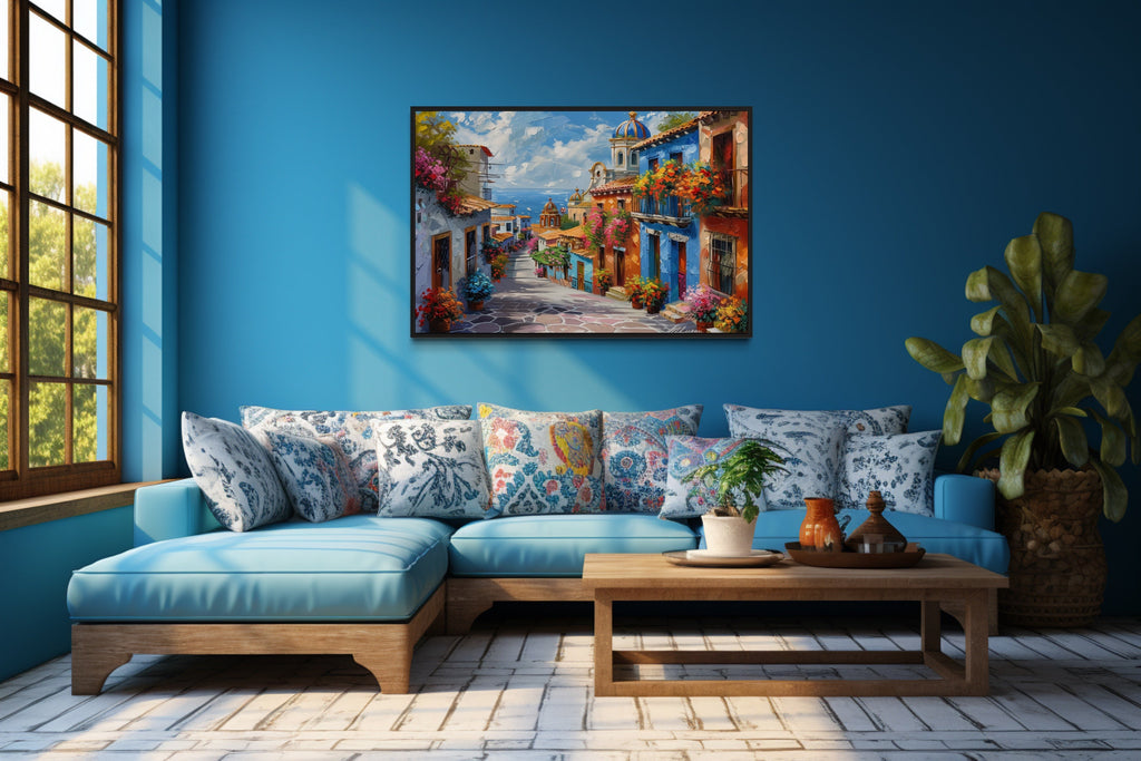 Colorful Mexican Village Street Framed Canvas Wall Art