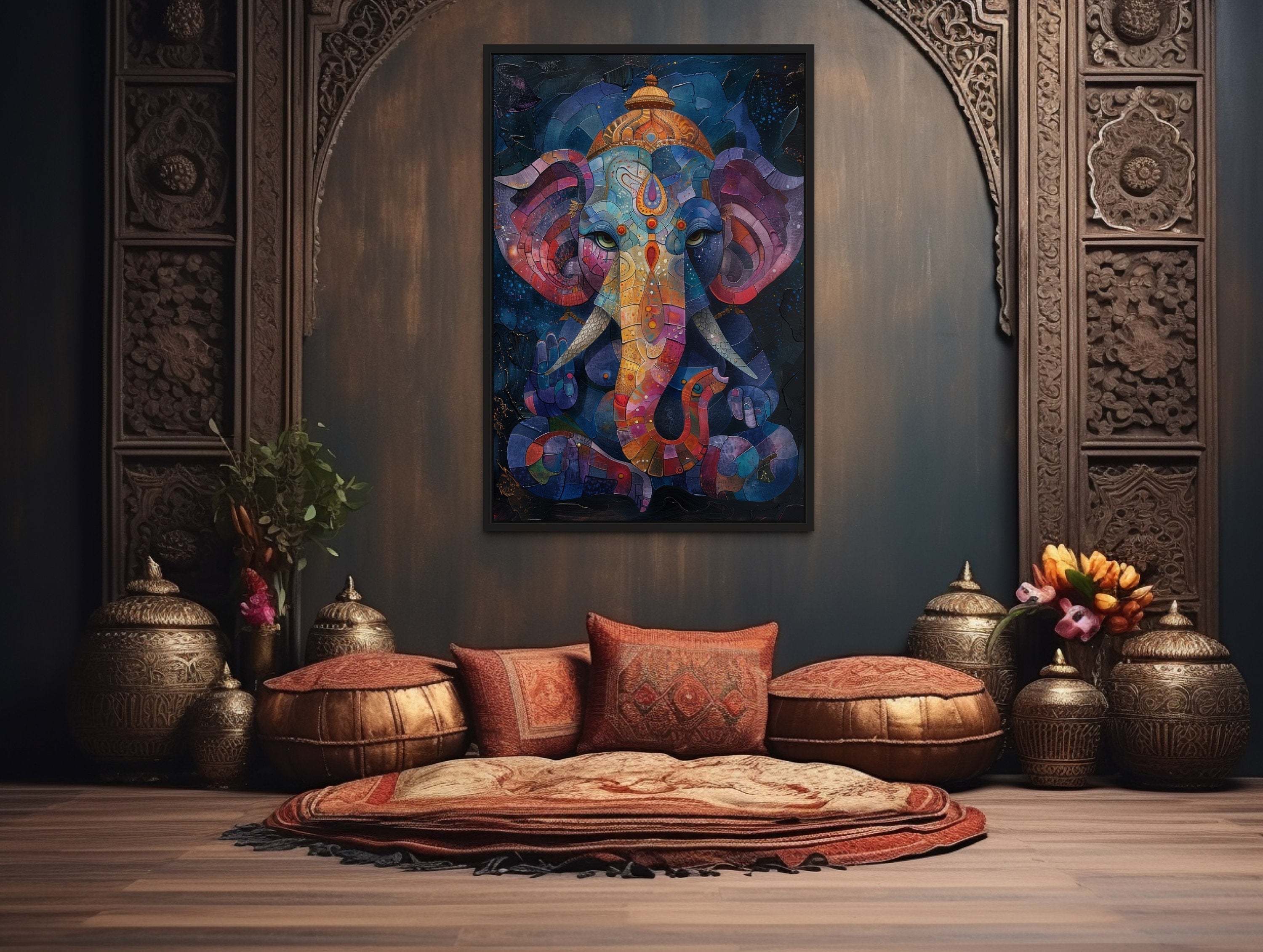 Colorful Modern Lord Ganesha Framed Canvas Wall Art