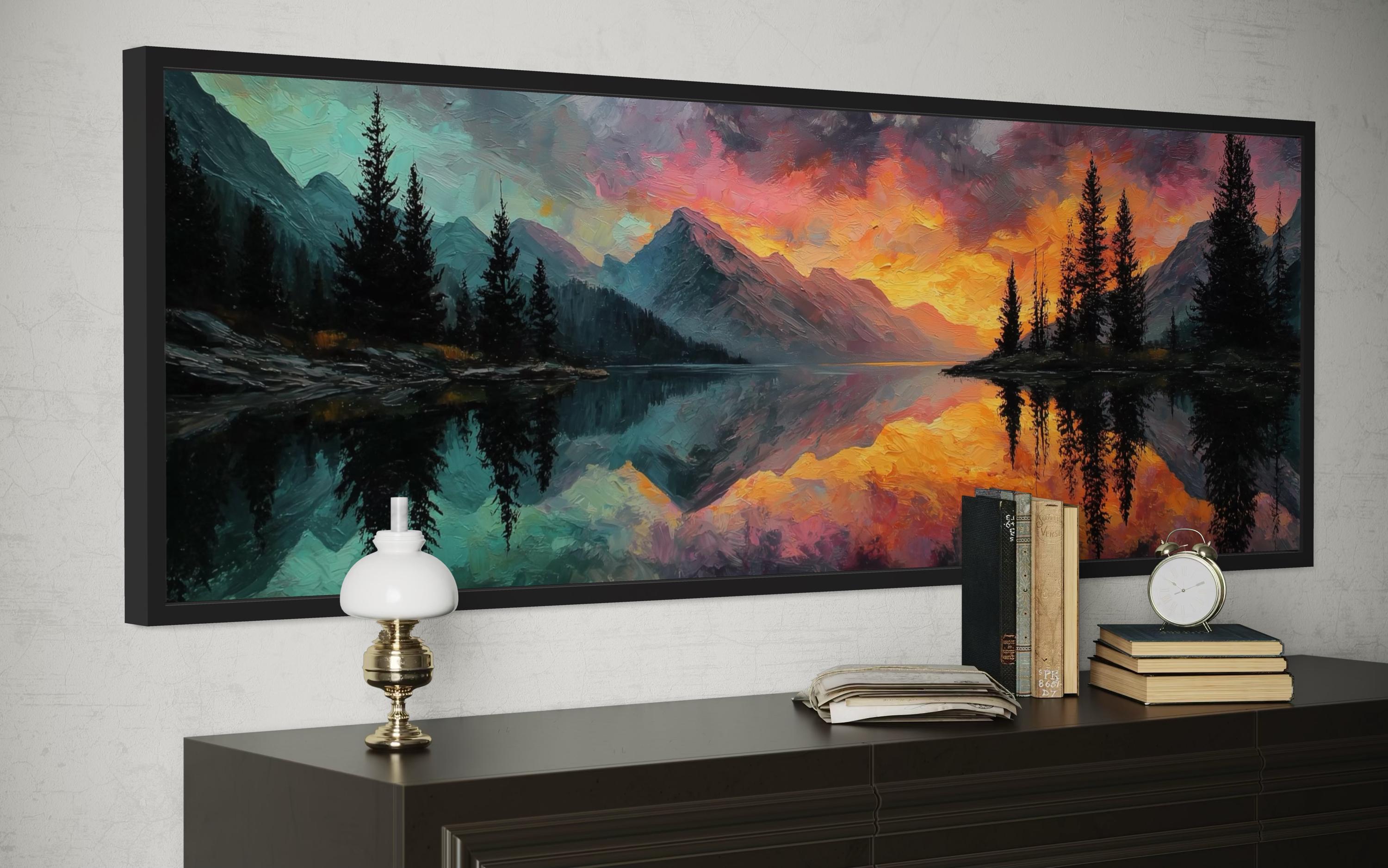 Colorful Mountain Sunset Lake Forest Reflection Long Narrow Wall Art