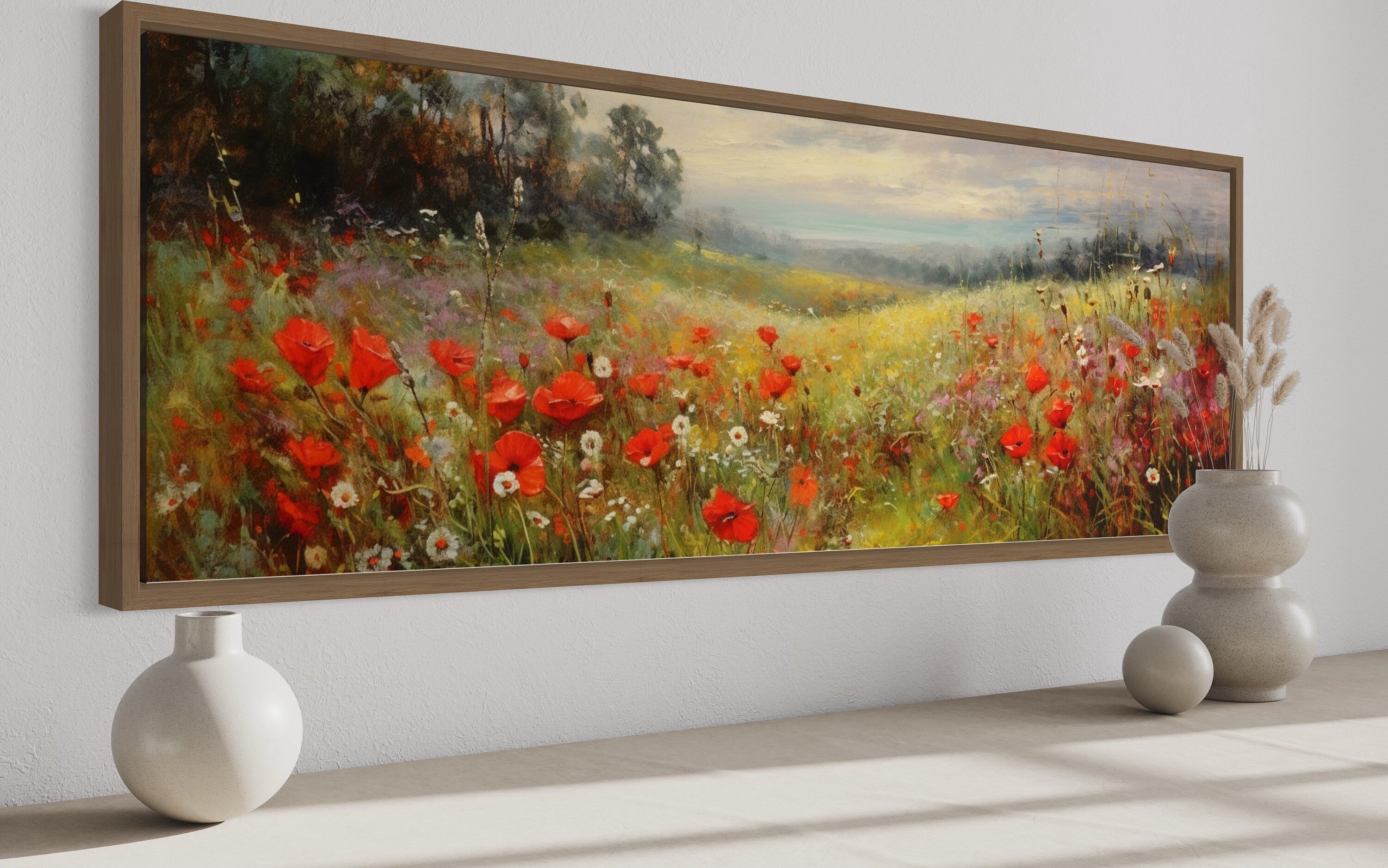 Colorful Red Wildflowers Field Vintage Horizontal Framed Canvas Wall Art