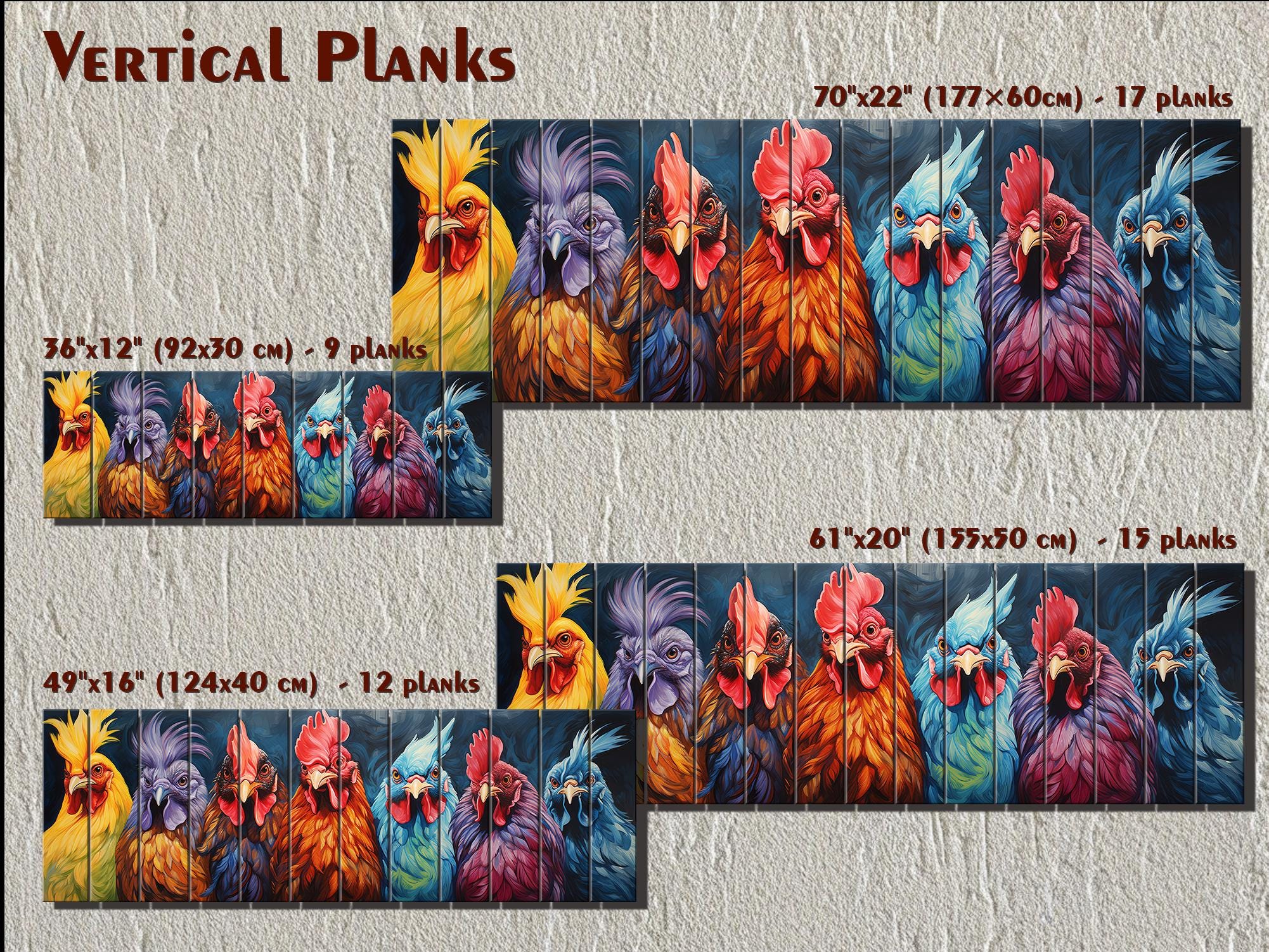 Colorful Roosters Long Narrow Wood Wall Art For Farmhouse Decor