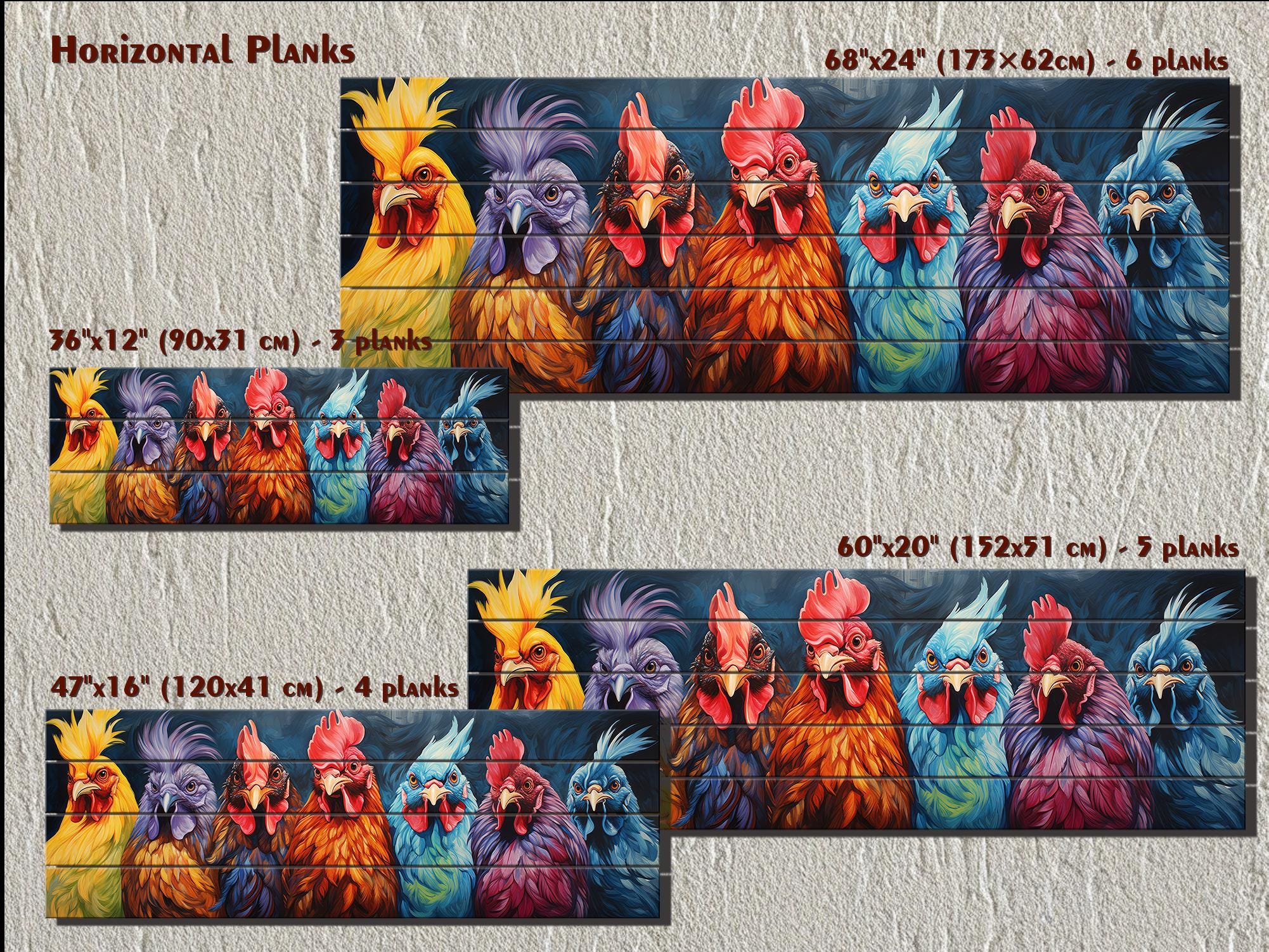 Colorful Roosters Long Narrow Wood Wall Art For Farmhouse Decor