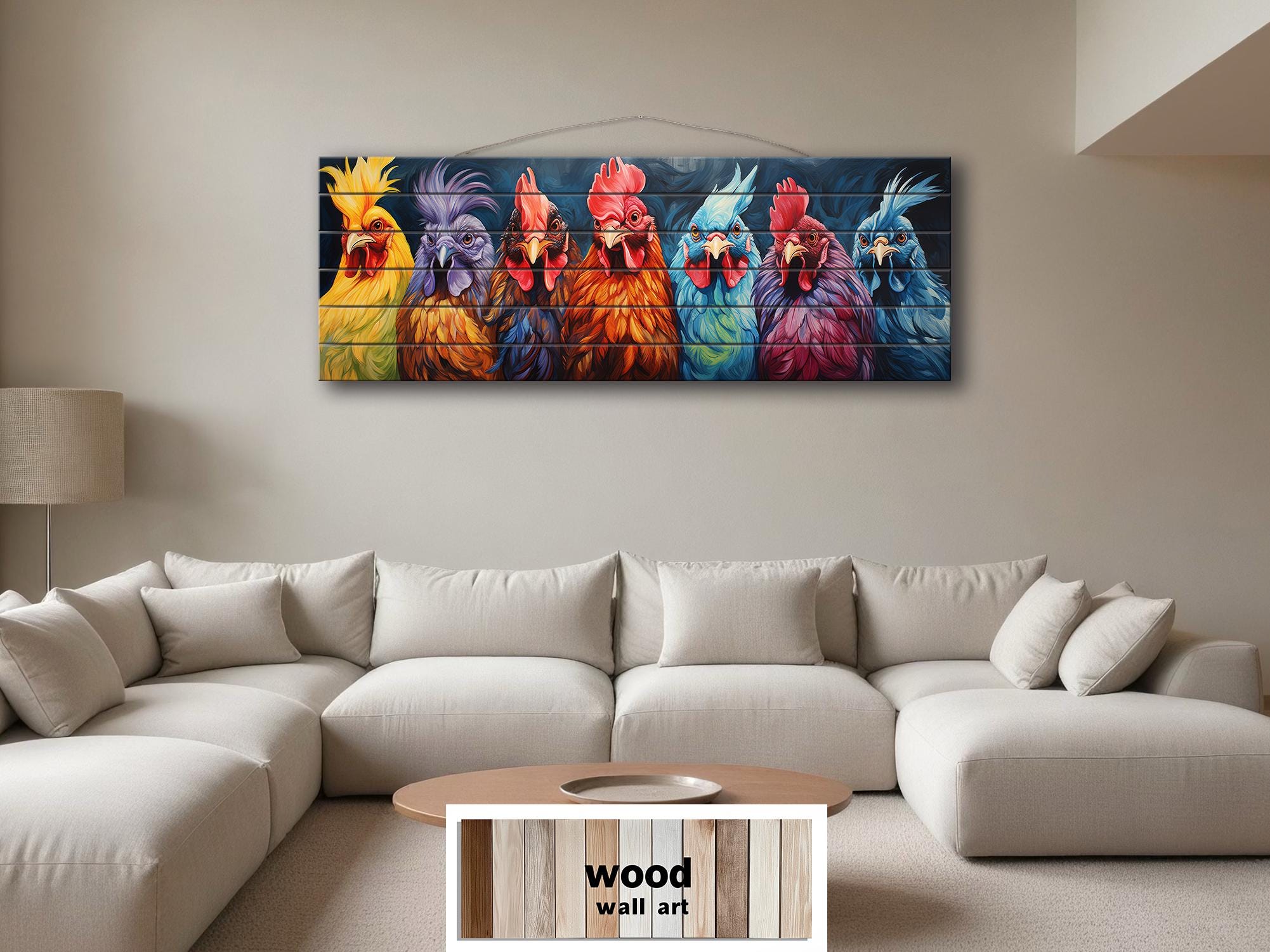 Colorful Roosters Long Narrow Wood Wall Art For Farmhouse Decor