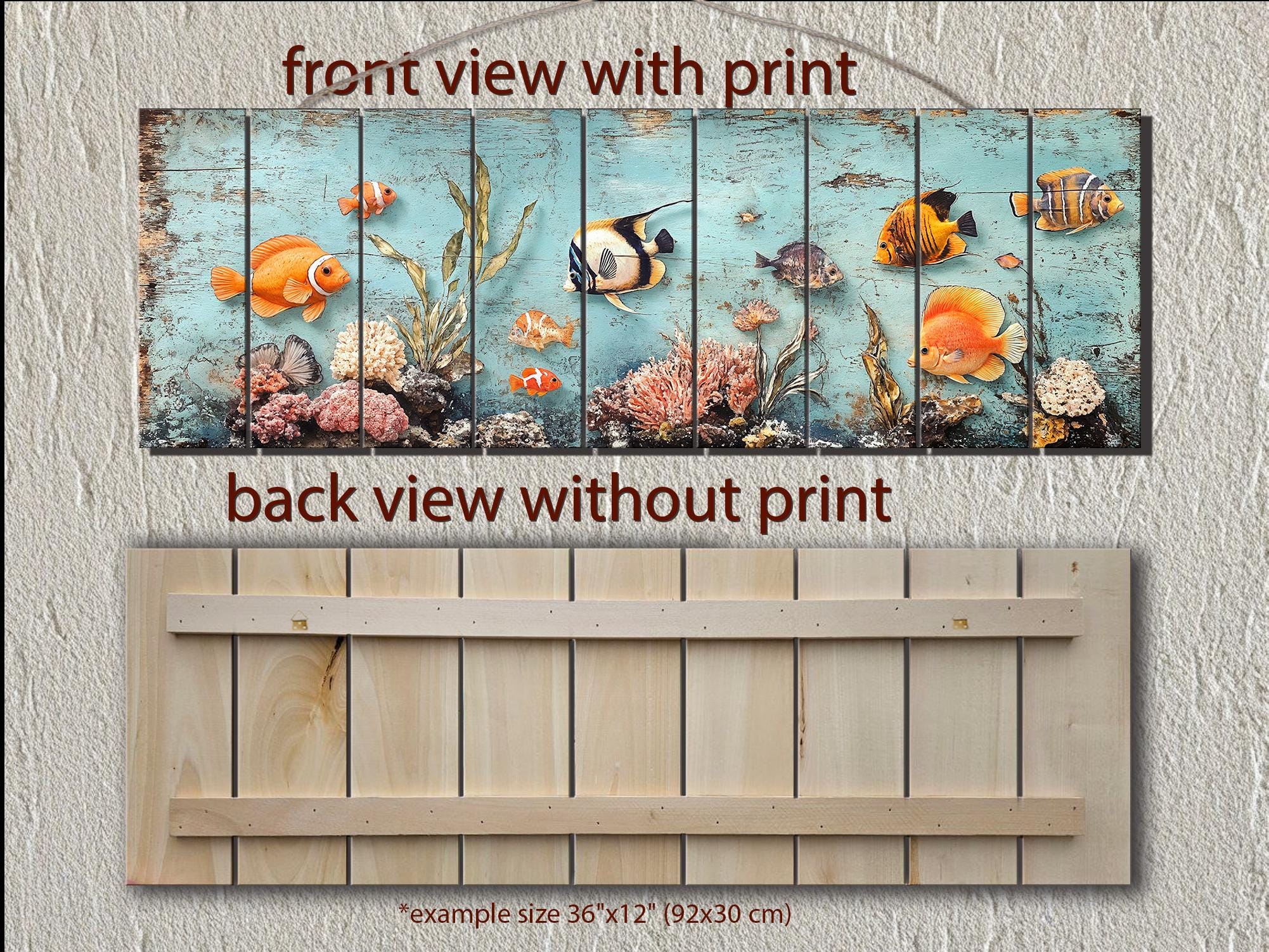 Colorful Tropical Fish Coral Reef Long Narrow Distressed Coastal Wood Wall Art