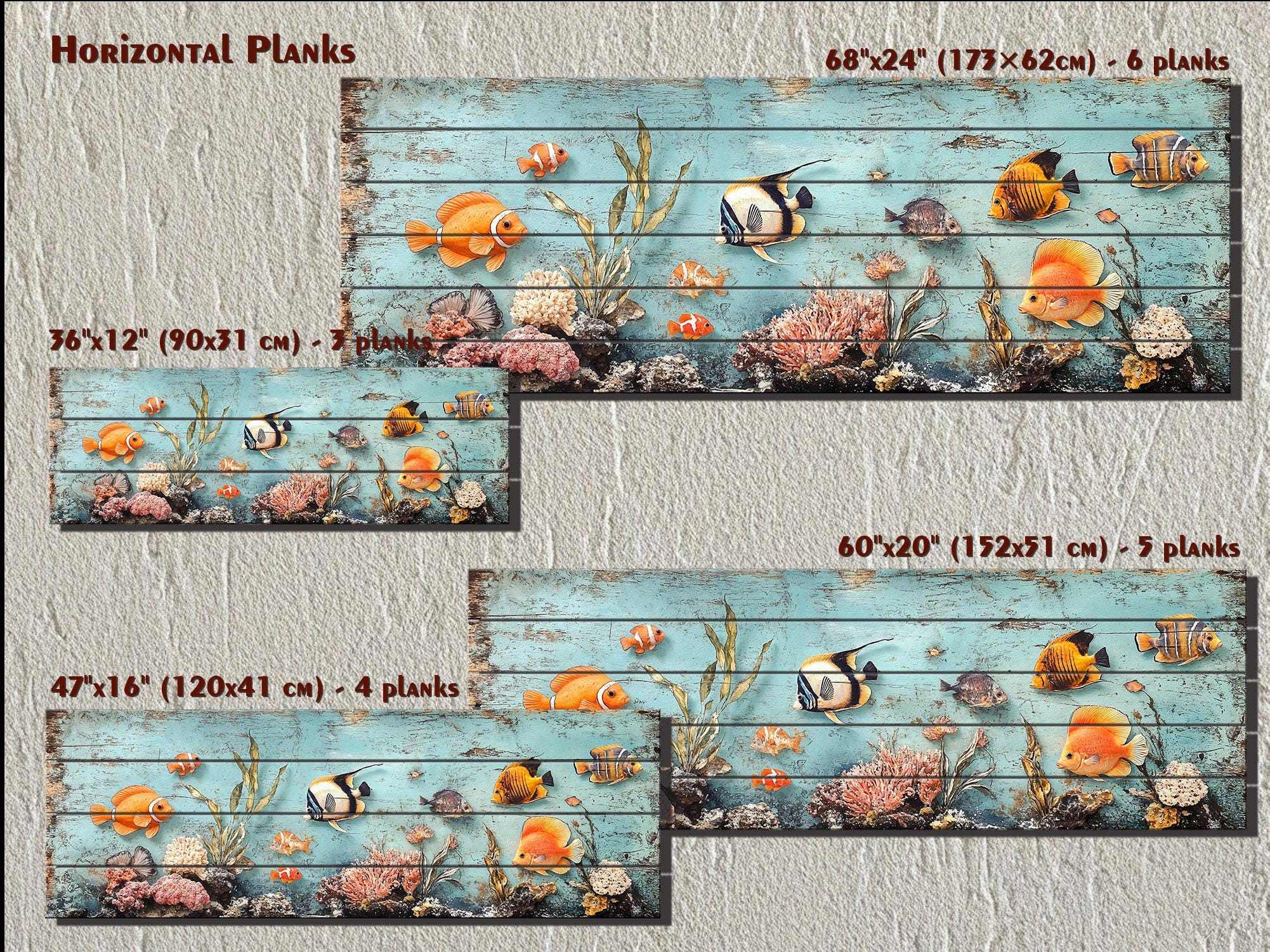 Colorful Tropical Fish Coral Reef Long Narrow Distressed Coastal Wood Wall Art
