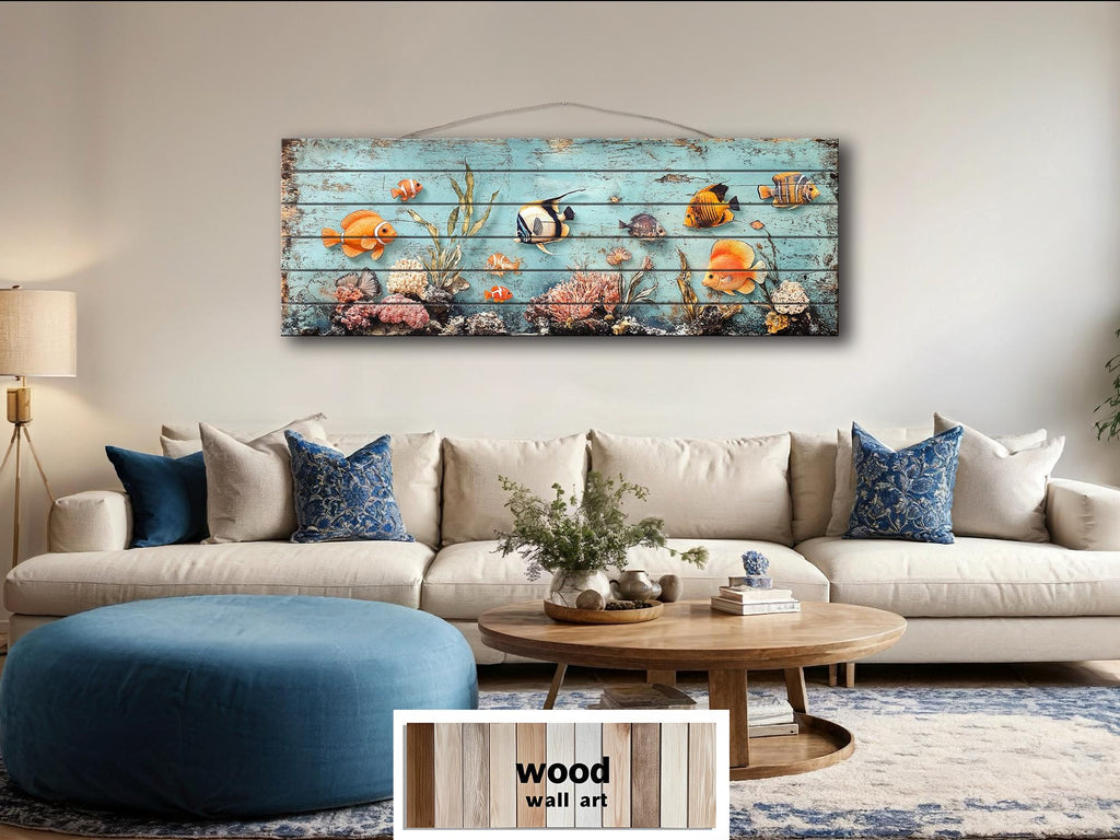 Colorful Tropical Fish Coral Reef Long Narrow Distressed Coastal Wood Wall Art