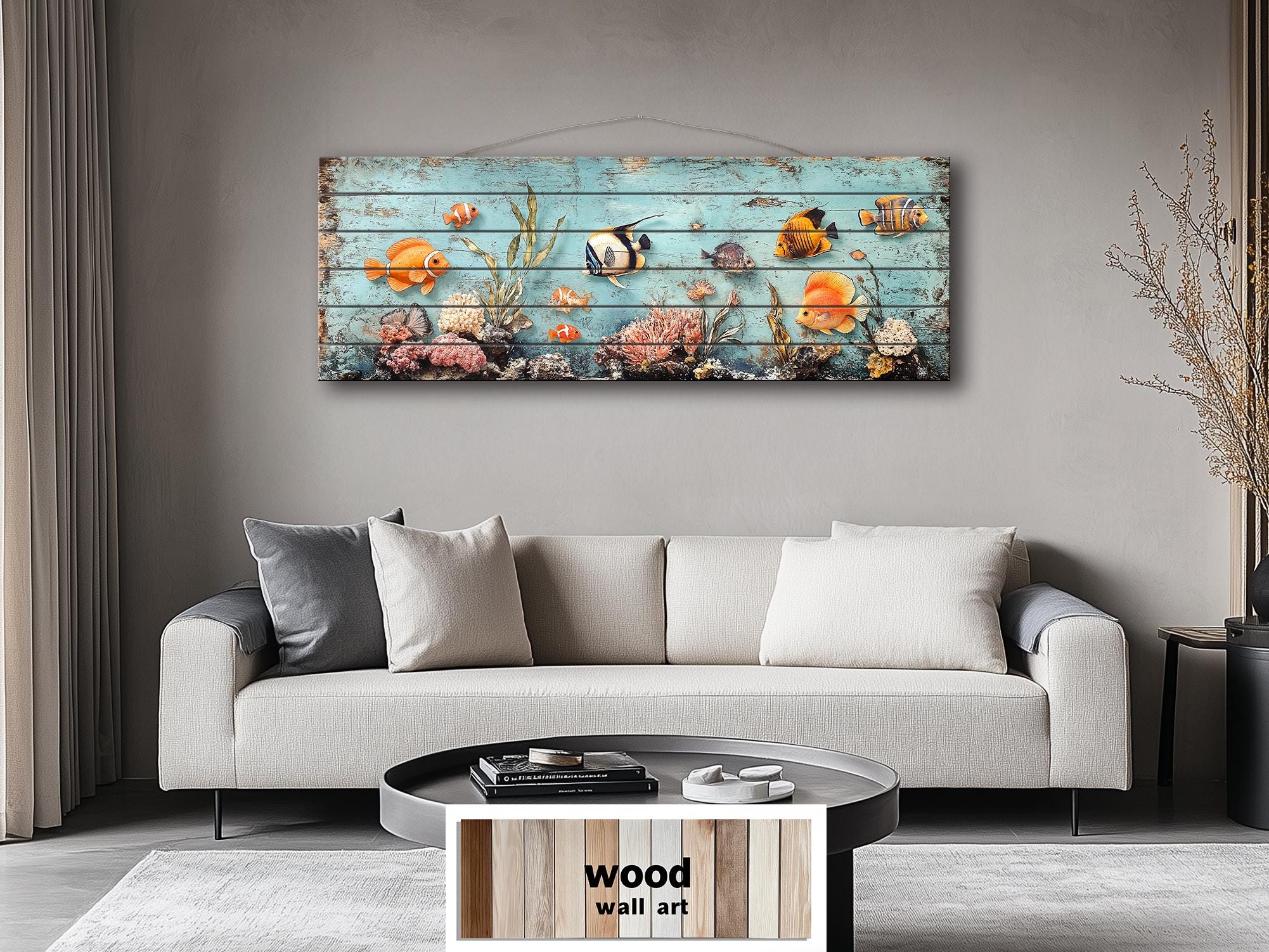 Colorful Tropical Fish Coral Reef Long Narrow Distressed Coastal Wood Wall Art