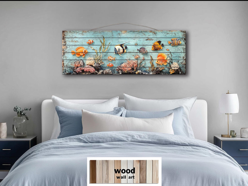 Colorful Tropical Fish Coral Reef Long Narrow Distressed Coastal Wood Wall Art