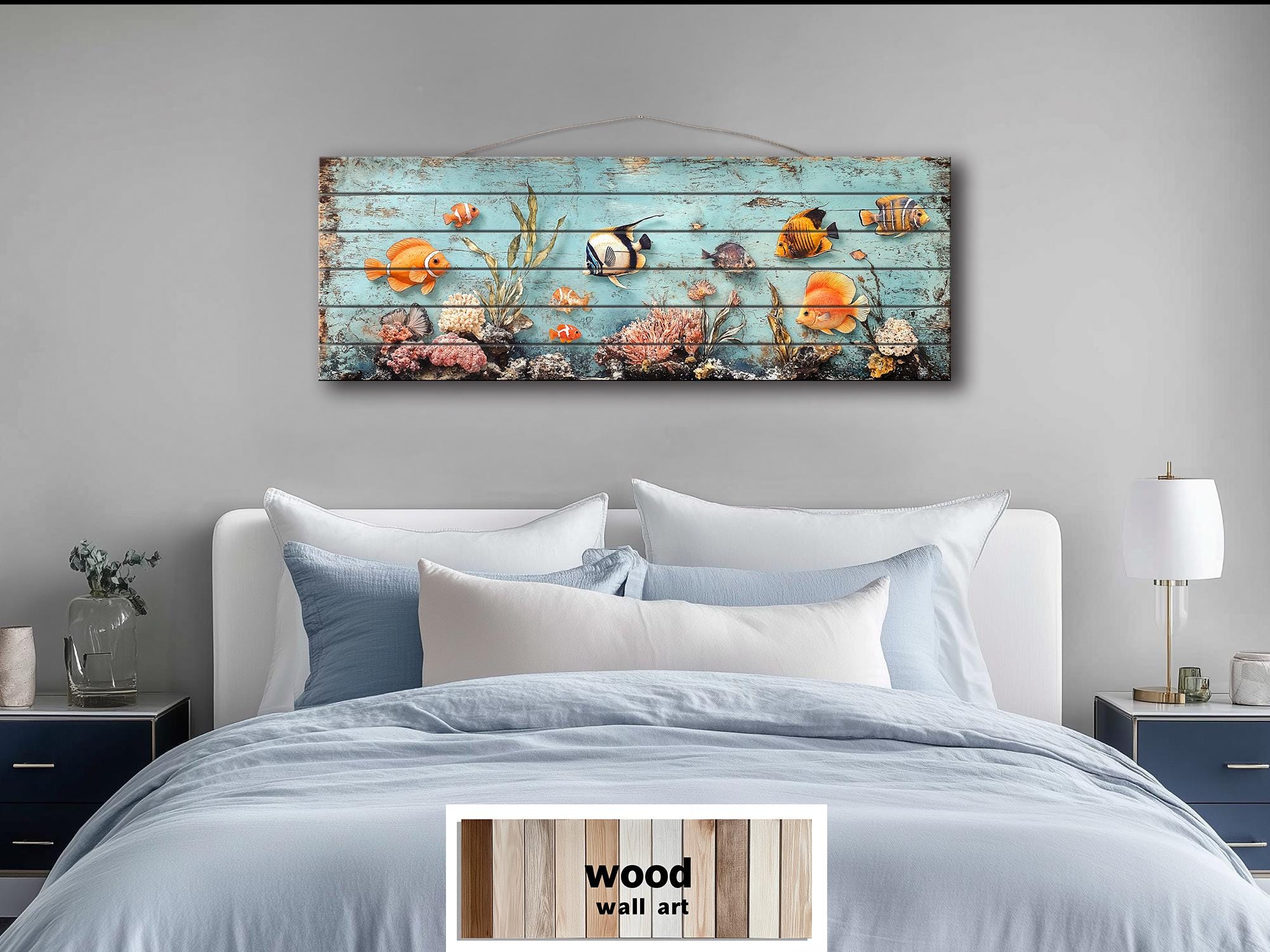 Colorful Tropical Fish Coral Reef Long Narrow Distressed Coastal Wood Wall Art