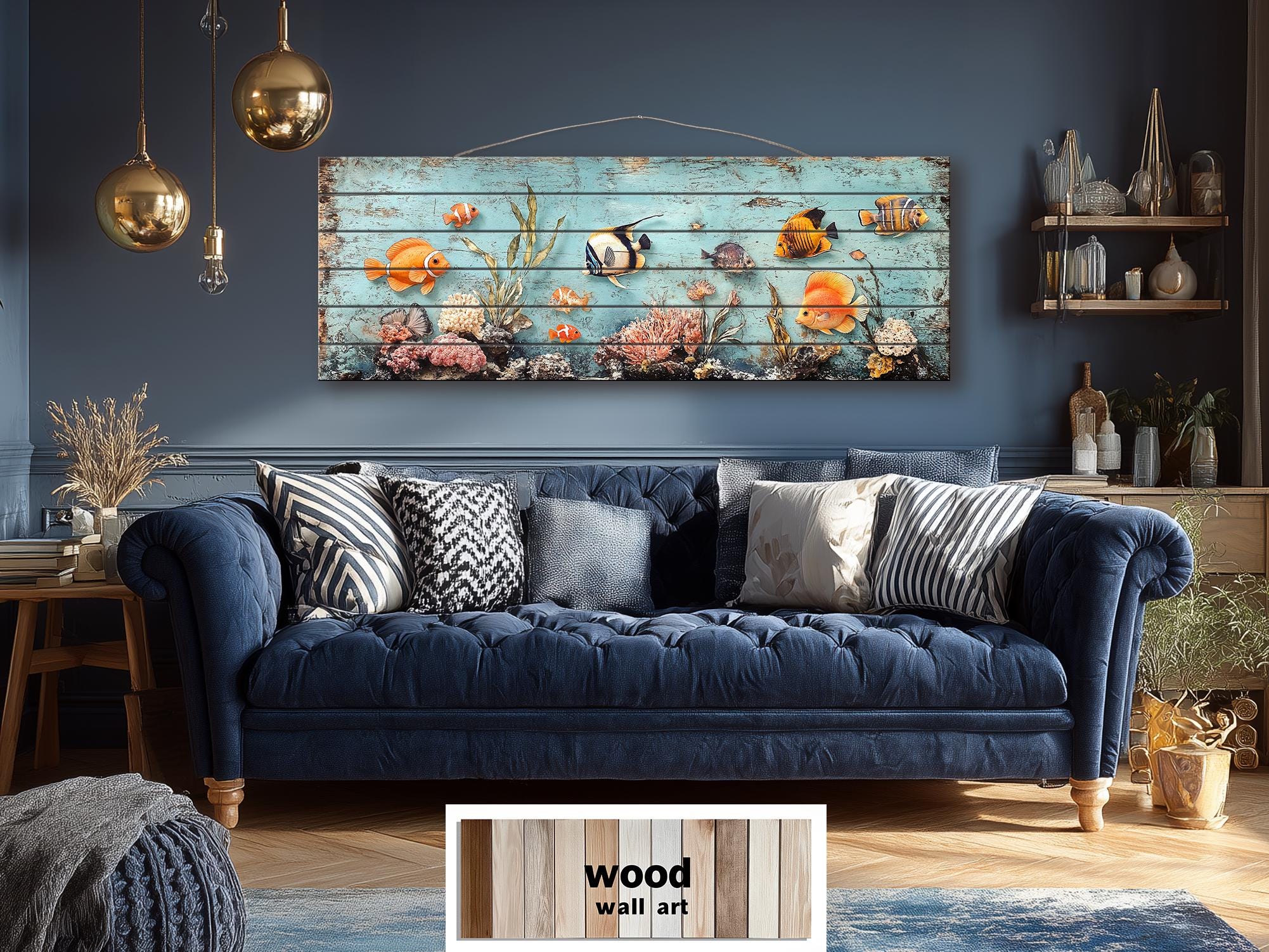 Colorful Tropical Fish Coral Reef Long Narrow Distressed Coastal Wood Wall Art