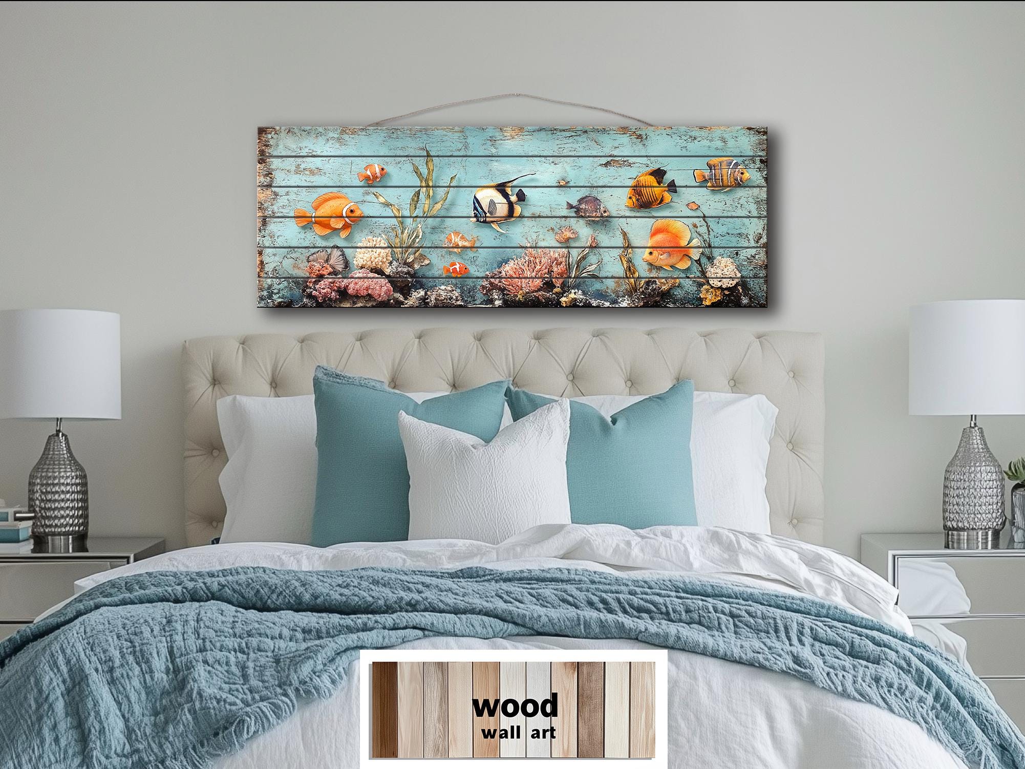 Colorful Tropical Fish Coral Reef Long Narrow Distressed Coastal Wood Wall Art