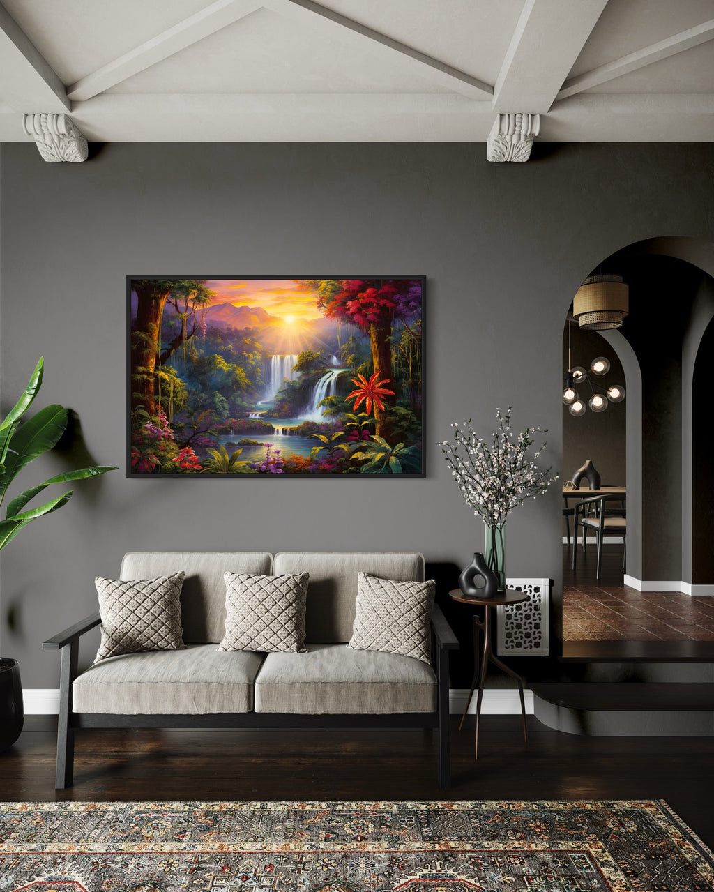 Colorful Tropical Rainforest Waterfall And Flowers Framed Canvas Wall Art