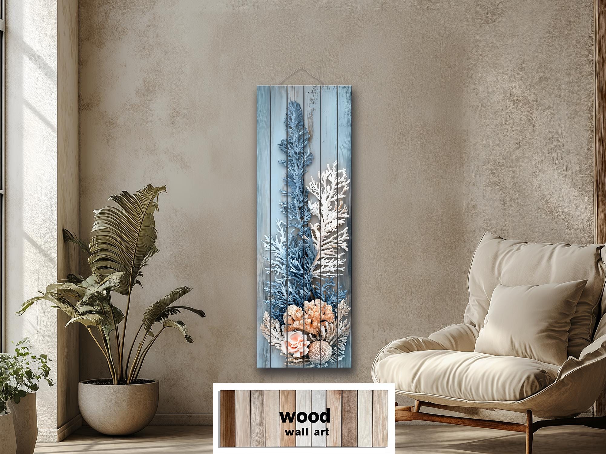 Coral Wall Art – Narrow Vertical Coastal Distressed Wood Print with Blue White Beige Tones