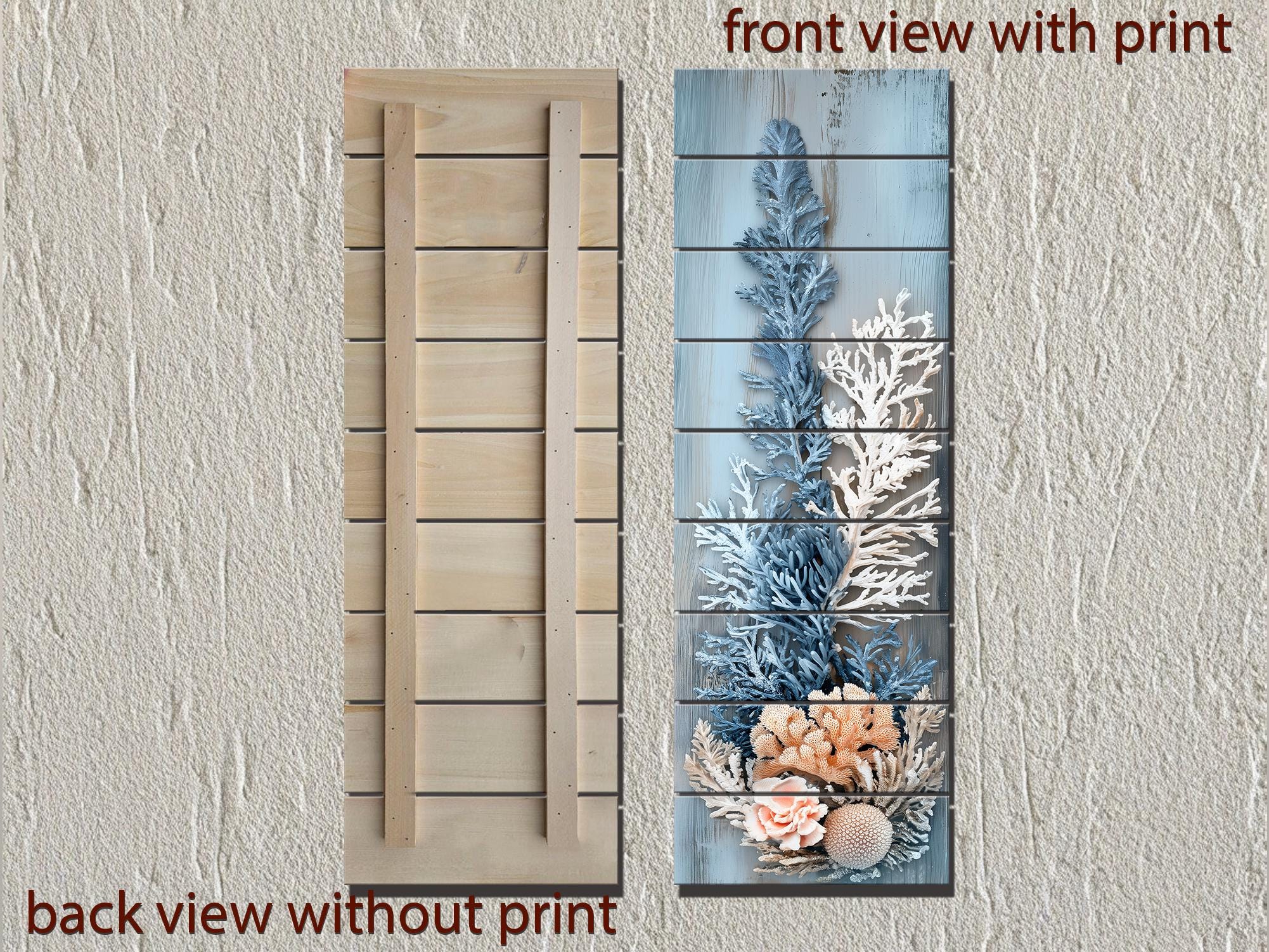 Coral Wall Art – Narrow Vertical Coastal Distressed Wood Print with Blue White Beige Tones
