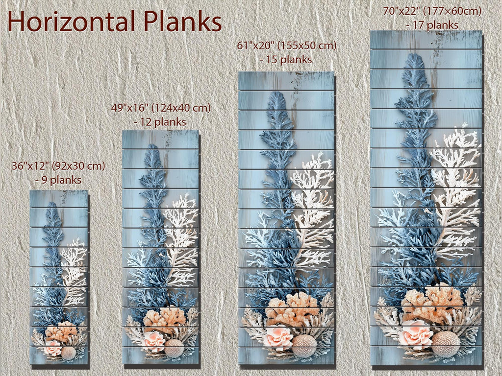 Coral Wall Art – Narrow Vertical Coastal Distressed Wood Print with Blue White Beige Tones