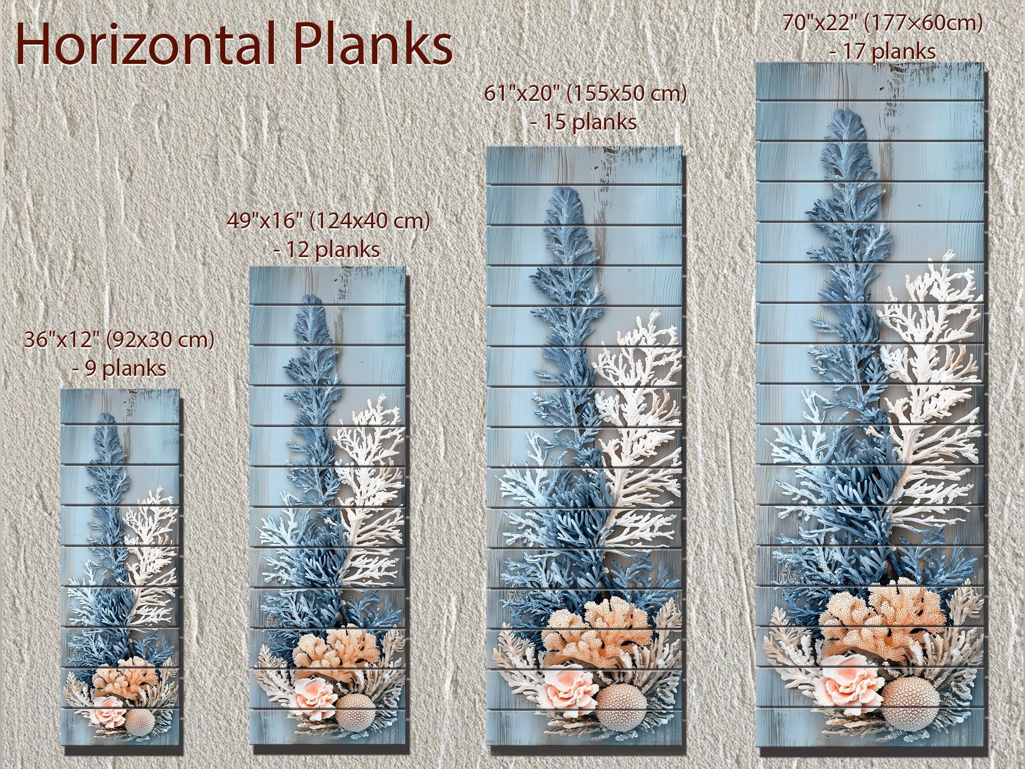 Coral Wall Art – Narrow Vertical Coastal Distressed Wood Print with Blue White Beige Tones